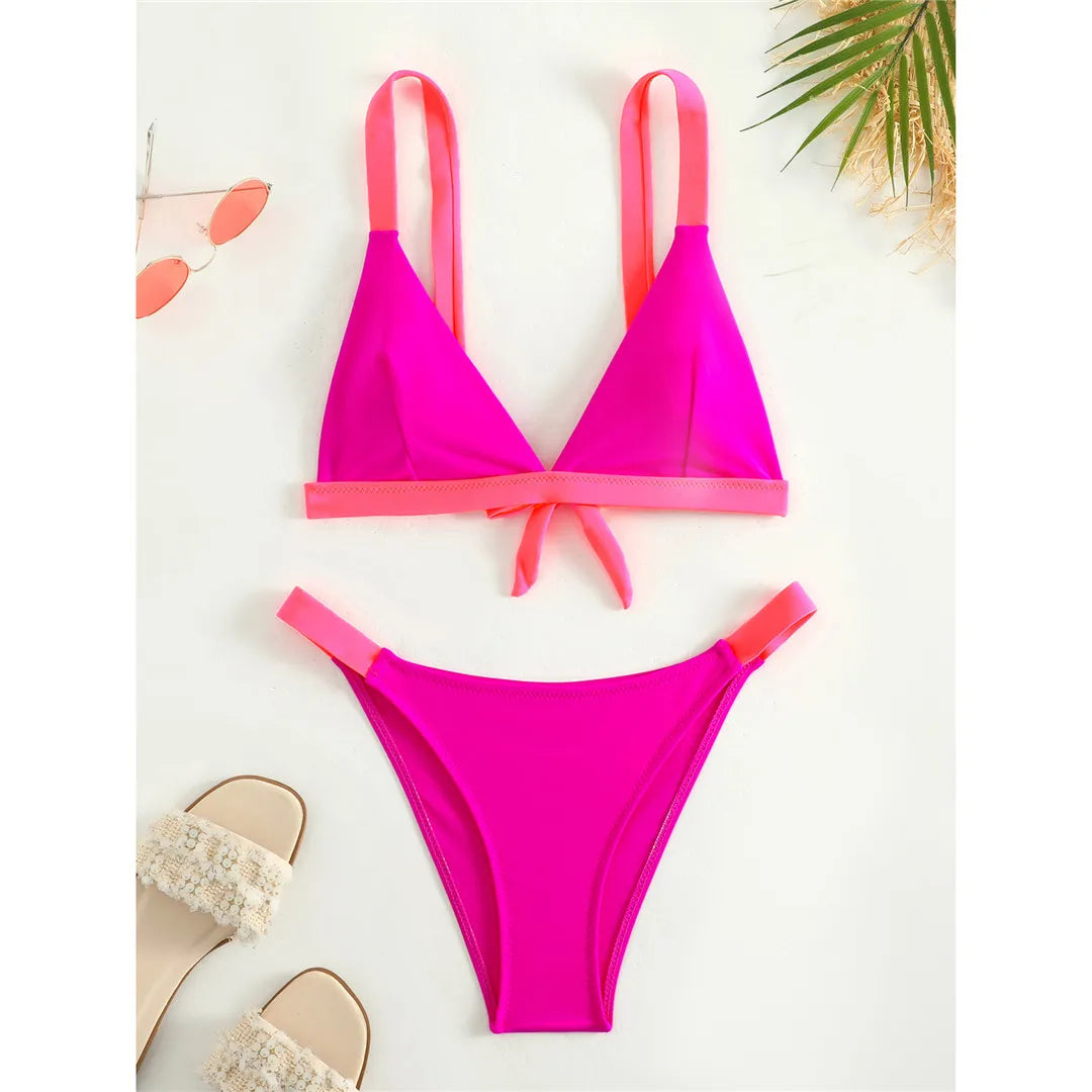 Chic Splicing Brazilian High Leg Cut Bikini Set for Women, Features Patchwork Pattern, Wire Free Support, Low Waist, True to Size Fit, Available in Sizes S, M, L, Colors Include Green, Hot Pink, Purple, In Stock with Free Shipping, New Condition, Ideal for Ages 18-35 and Adults.