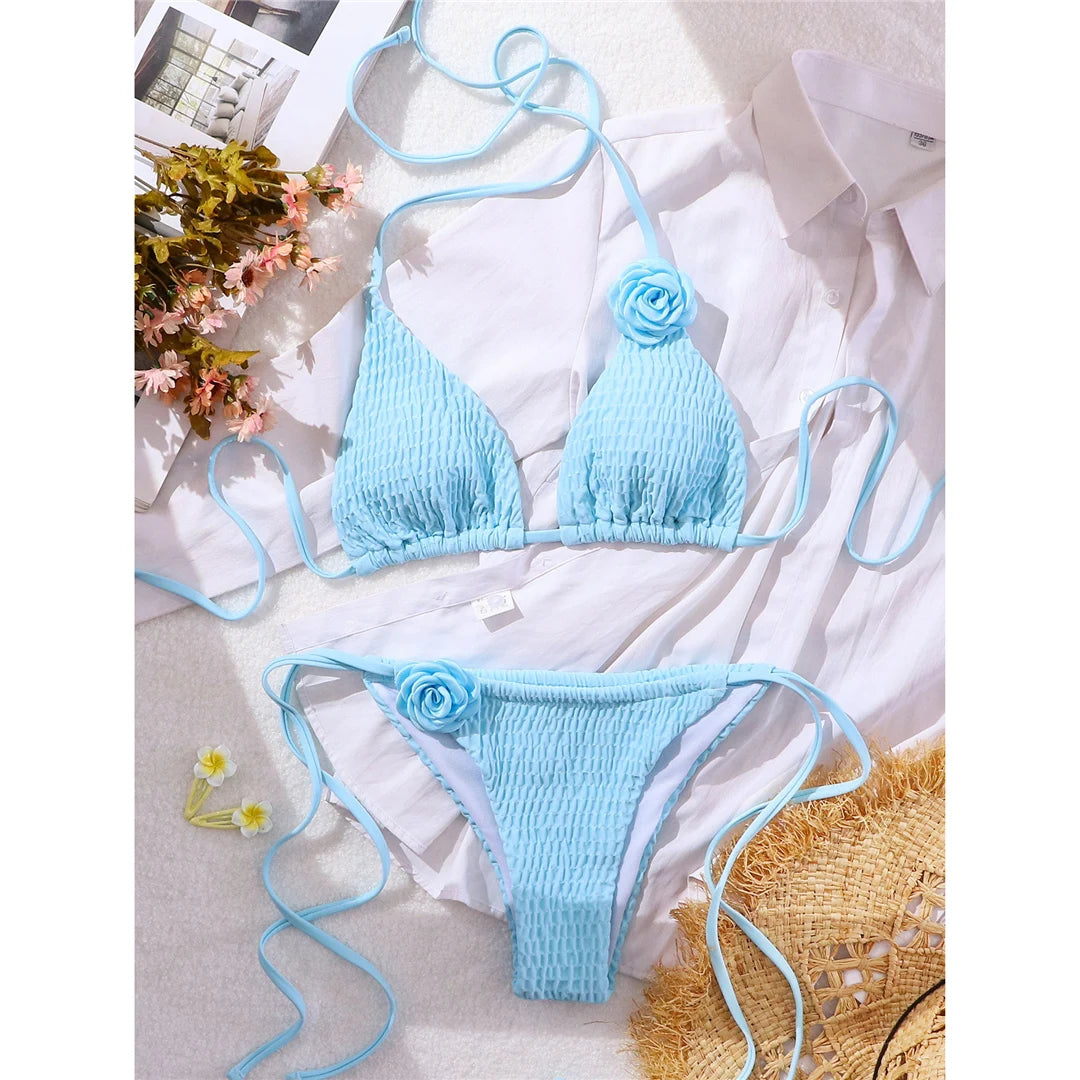 Wrinkled Halter Strappy Bikini with 3D Flowers in Sky Blue and Pink, Made of Nylon and Spandex, Wire Free and Low Waist, Fits True to Size for Women aged 18-35 and Adults, Available in Stock with Free Shipping