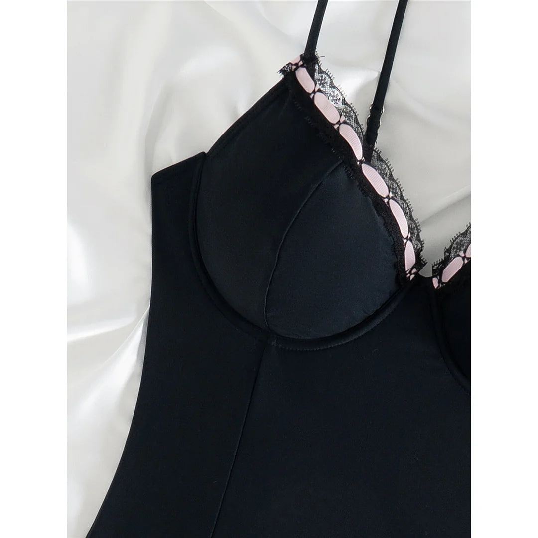 V-neck underwired lace one-piece swimsuit with high-leg cut and sophisticated design for women.