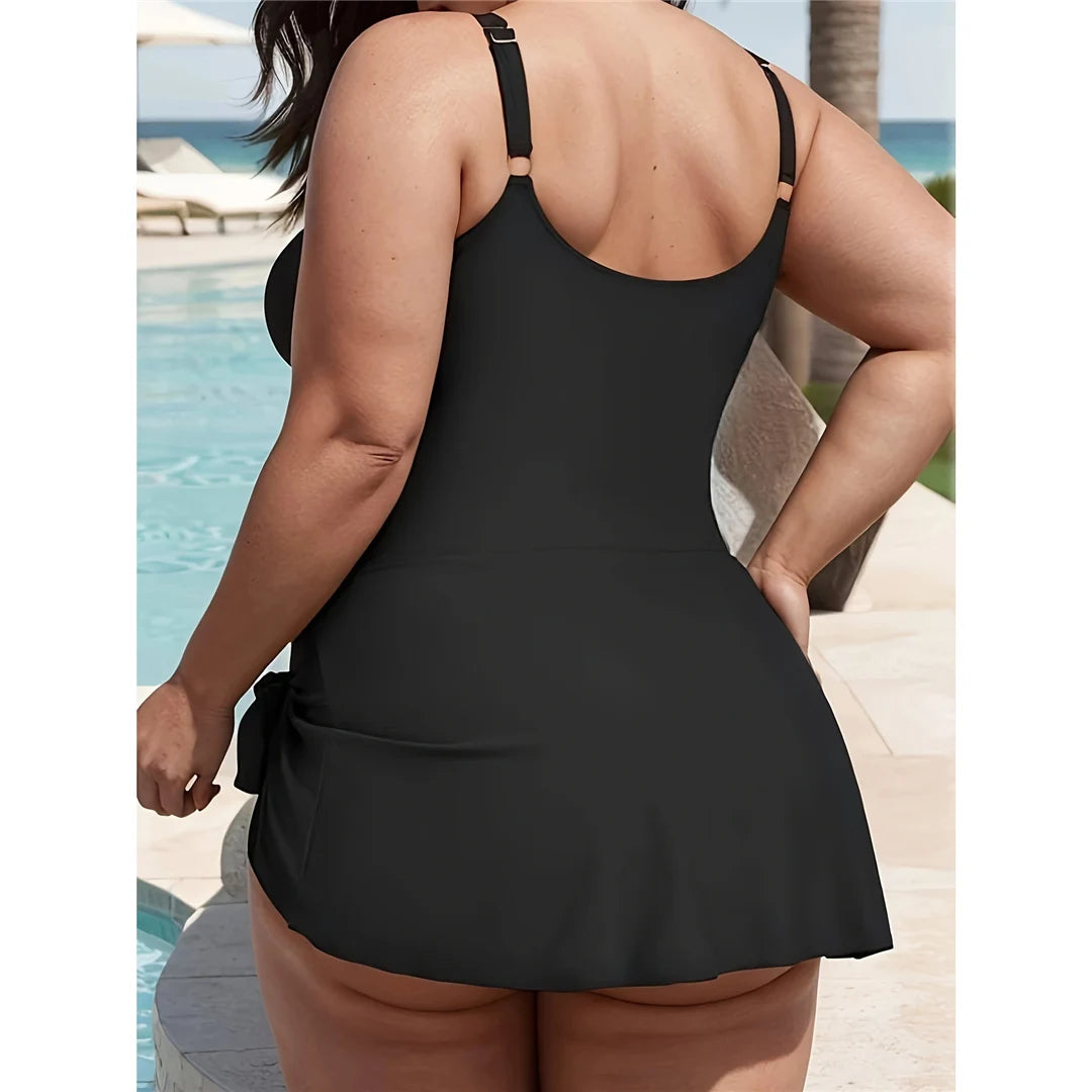 Backless solid padded plus size one piece swimsuit for women with adjustable straps and sophisticated design in monochrome colors.