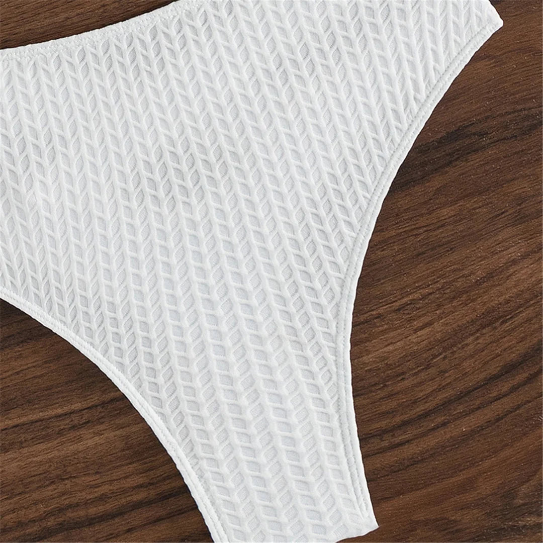 Cheeky Wrinkled V Neck High Waist Bikini Set for Women, Solid Pattern in White, Wire Free Swimwear, Fits True To Size, Available in Sizes XS to L, Modern yet Retro-inspired Two-Piece Design