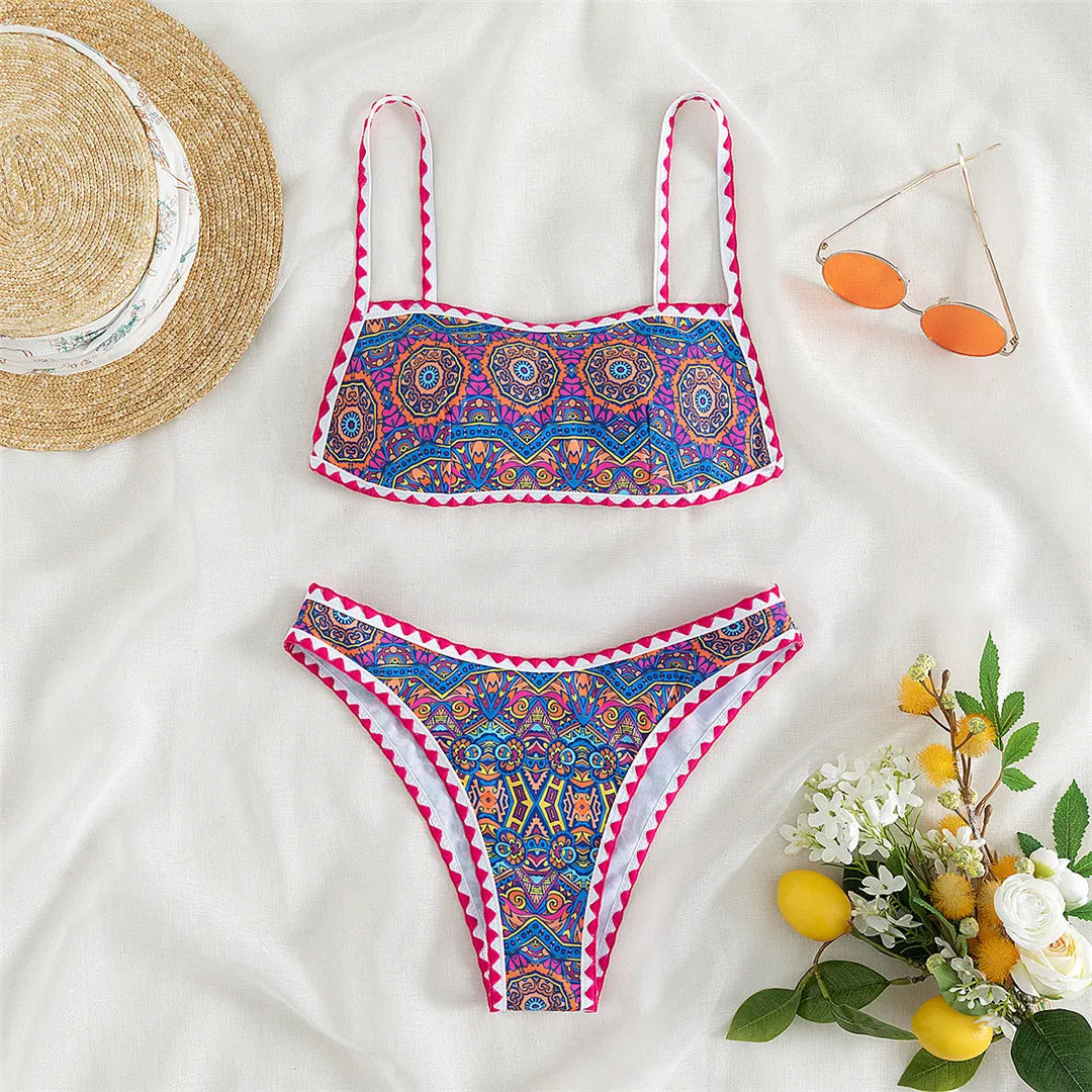 Summer Styled Printed Brazilian High Cut Mid Waist Bikini Set for Women, Composed of Nylon and Spandex, Wire Free for Comfort, True to Size, Flattering Two Piece Design, Available in Sizes S, M, and L, Bold Print Pattern, Perfect for Basking in the Sun or Enjoying a Swim, Available in Color Blue