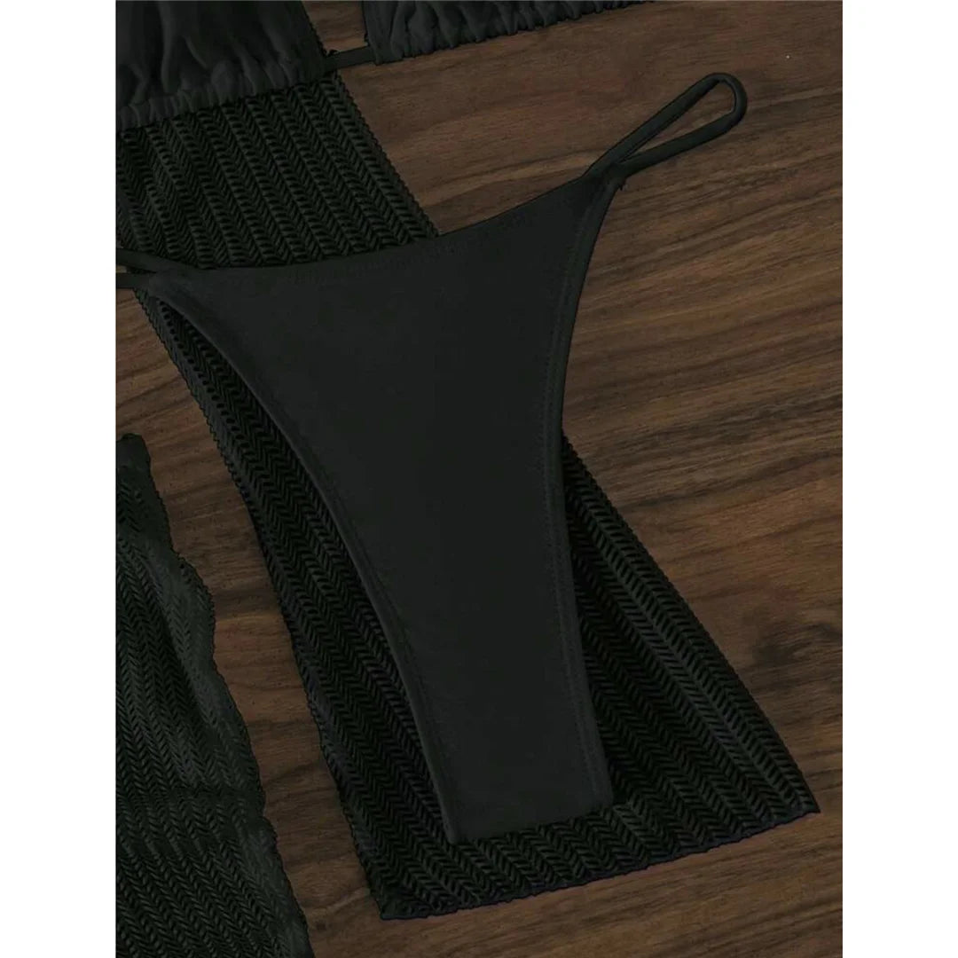 Halter Bikini Set with Long Sleeve Cover Up for Women, Three Piece Solid Black, Dark Gray, Gray, White Swimwear, Wire Free with Low Waist, Fits True To Size, Available in Size S to L, Perfect Fusion of Comfort and Style