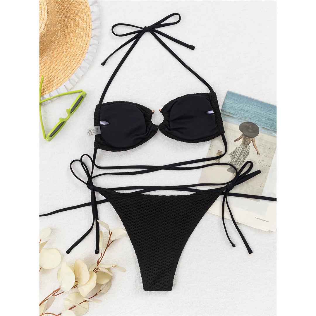 Wrap-around halter high-cut leg bikini set with solid pattern for a chic and comfortable swimwear option for women.
