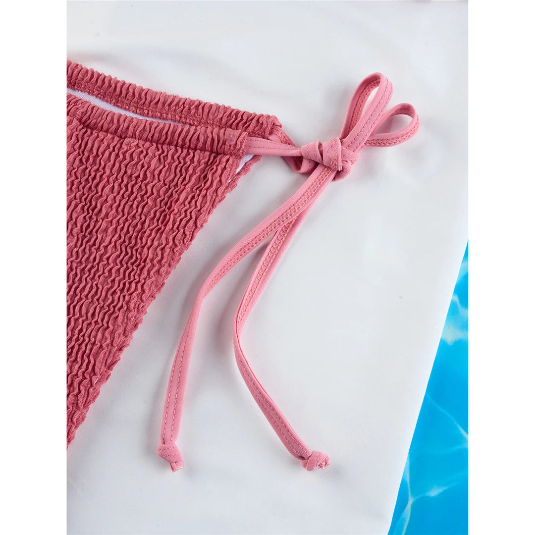 Bikini set with stylish crinkled texture, high cut, cross back, nylon, spandex, solid, wire free, low waist, women, two piece in black, blue, green, white, dark pink, multicolor.