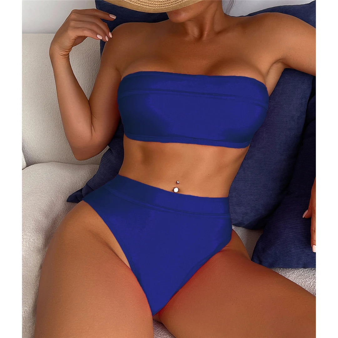 Seductive Bandeau High Leg Cut Bikini Set, Features a Timeless High-Waisted Style for a Sleek Silhouette. Made from Nylon and Spandex, with Wire Free Support. Available in Women's Sizes S, M, L, Fits True to Size. Comes in colors Dark Blue, Black, Hot Pink, and Multicolor. Ideal for Women Aged 18-35 and Adults, In Stock, New Condition, Free Shipping Available.