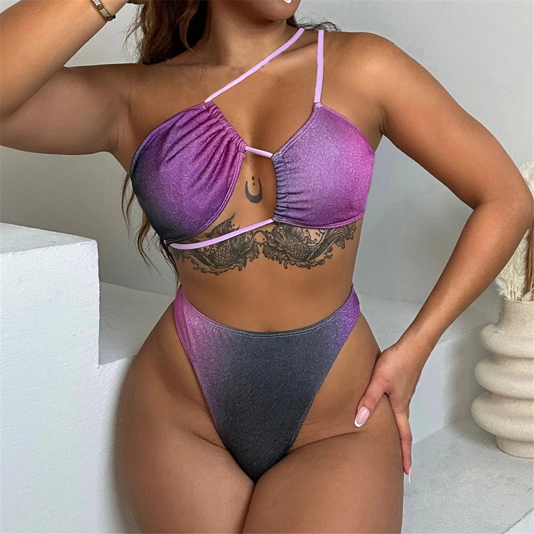 Colorful Gradient One Shoulder Brazilian Bikini Set in Purple, Features a Modern Asymmetrical Design, Made of Nylon and Spandex, Wire Free Support, Low Waist Design, Fits True to Size, Available in Sizes XS, S, M, L, In Stock with Free Shipping, Ideal for Women Aged 18-35 and Adult Females