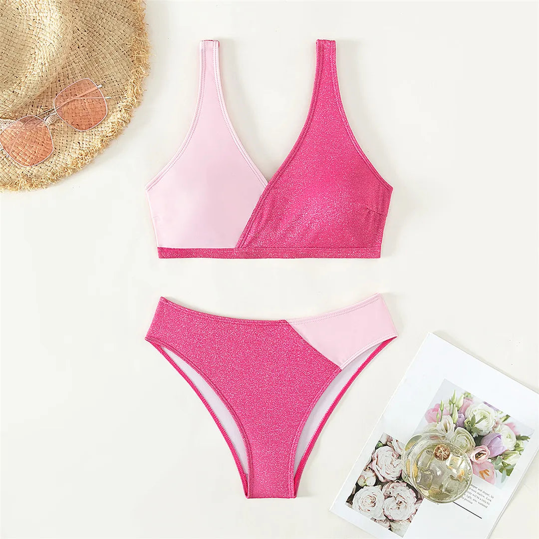 Dazzling Splicing Sparkling Glitter Mid Waist Bikini Set for Women - Two-Piece Pink Swimwear with Patchwork Pattern, Made from Nylon and Spandex, Wire Free, True to Size - Perfect Addition to Beachwear Collection