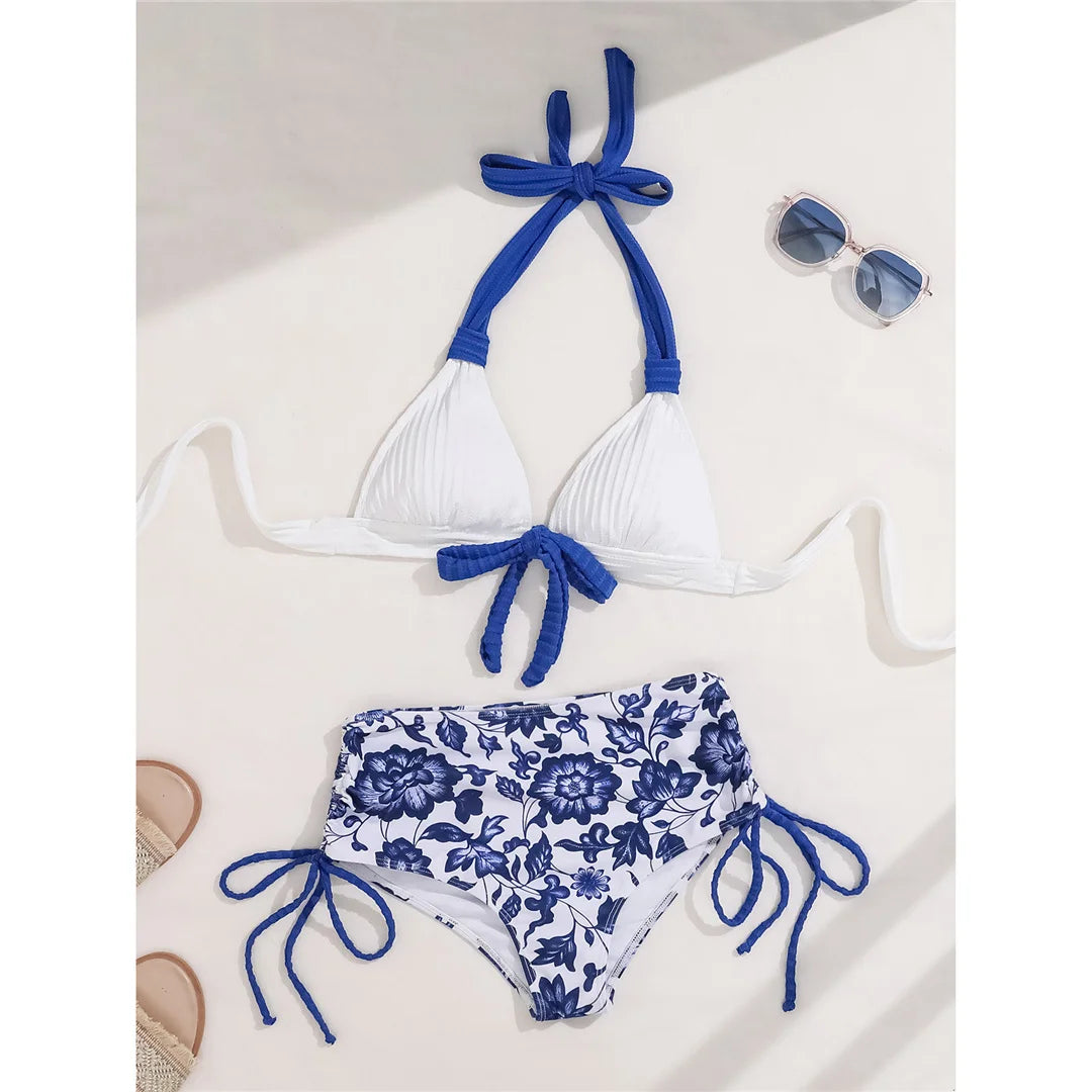 Floral Halter High Waist Bikini Set with vibrant prints, chic halter top, high waist bottoms, polyester and spandex blend, perfect for elegant beach style.