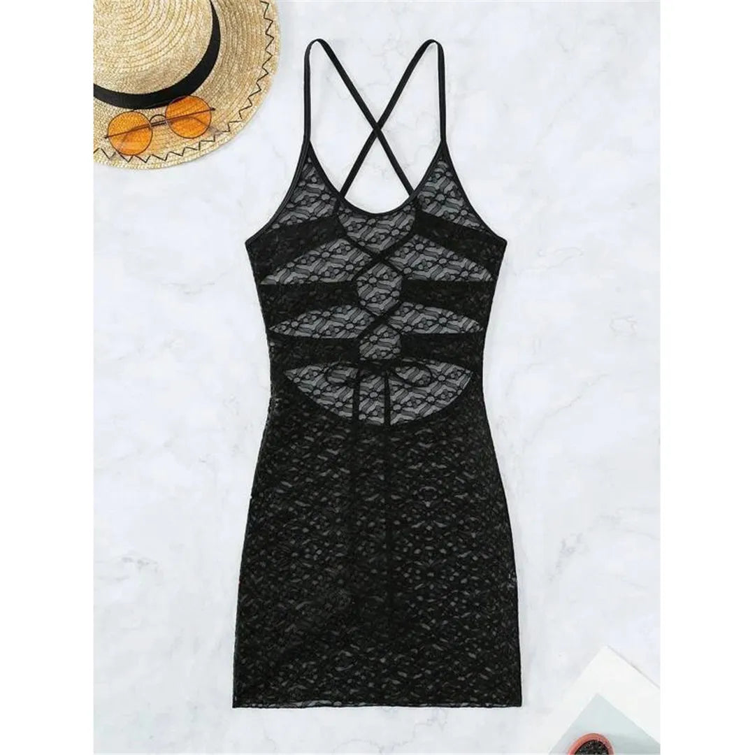 Stylish Wrap Around Cross Back Tunic Beach Cover-Up in Black, See-Through Design, Made of Nylon, Polyester, Rayon, and Cotton, Fits True to Size, Available in Sizes XS, S, M, L, In Stock with Free Shipping, Perfect for Women Aged 18-35 and Beach Style Enthusiasts