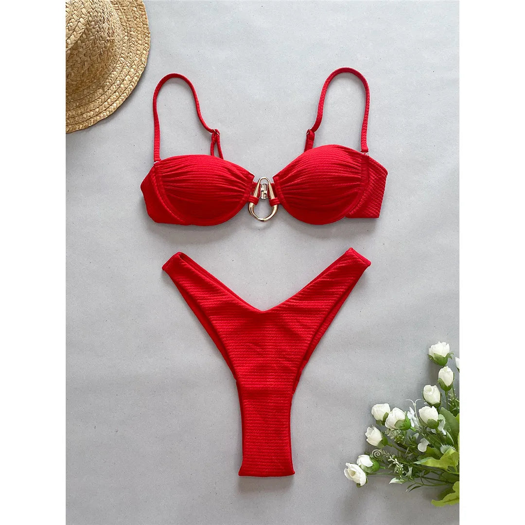 Edgy Metal Ring Wrinkled Two-Piece Bikini Set. Underwired for Support, Made of Solid Nylon and Spandex. Features Low Waist, Fits True to Size. Includes Padded Cups, Available in Sizes: S, M, L, Female, Middle Age. Colors Available: Black, Red. In-Stock with Free Shipping.