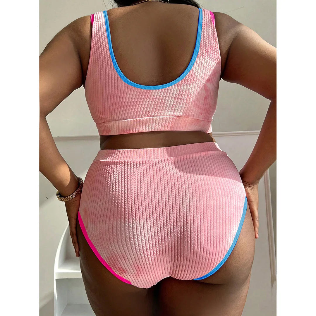Tie Dye Bikini, Two Piece, Large Size, Women&#39;s Swimwear, Vibrant Colors, Polyester, Spandex, Wire Free, High Waist, Comfortable Fit, Fashionable Swim Set, Beach Attire, Green, Orange, Pink, Sky Blue, Black, Yellow.