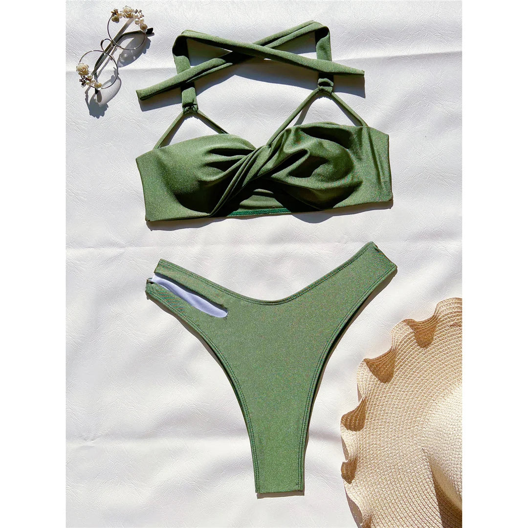 Wrinkled Brazilian Bikini Set in Green, Halter Top and Low Waist Two Piece Swimwear Made From Nylon and Spandex, Available in Sizes S to XL, Fits True to Size, Features Wire Free Support and Includes Pad, Perfect for Women aged 18-35 and Adults, In Stock with Free Shipping