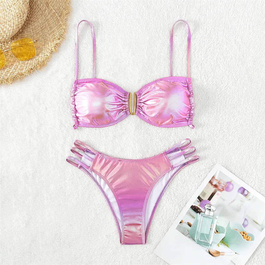 Women's PU Faux Leather U Neck Brazilian Bikini Set in Solid Pink. Made from Nylon and Spandex with a Cheeky and Low Waist Cut, Fits True to Size. This Unique Two-Piece Swimwear Includes a Sleek Faux Leather Finish and a Wire Free Support. Available in Sizes S, M, L.