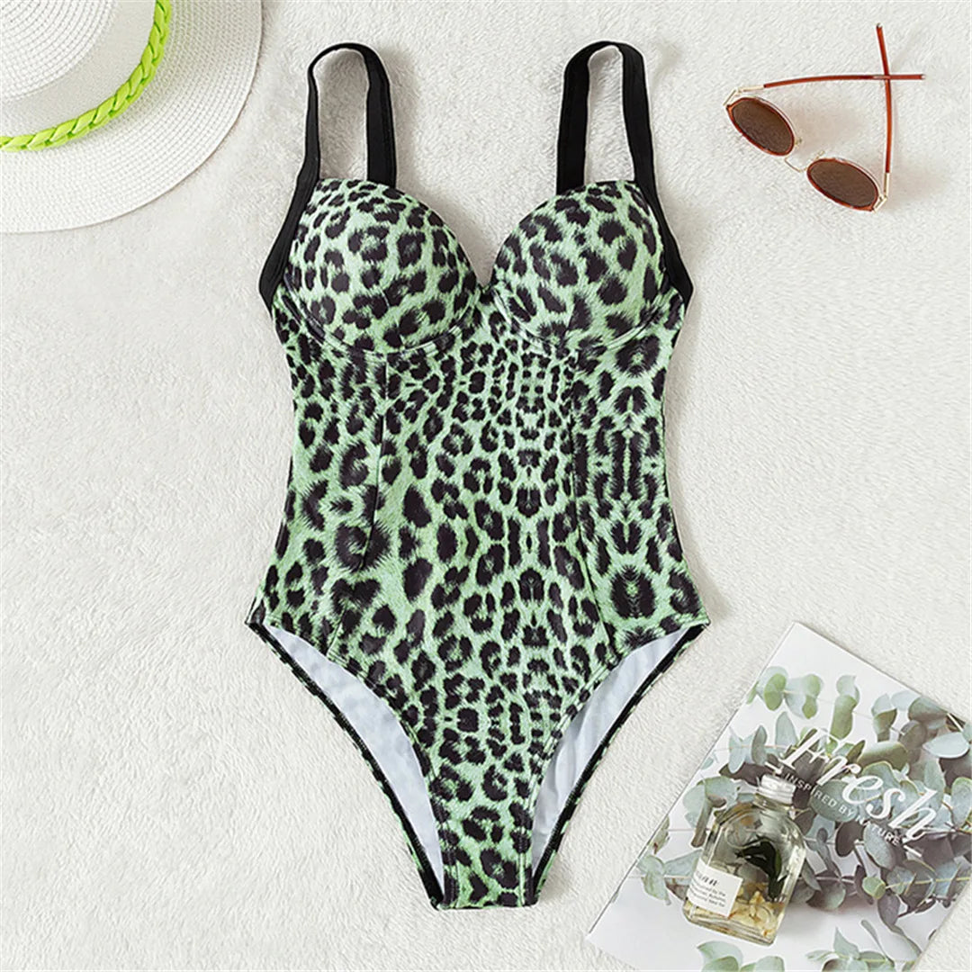 Green Stylish leopard underwired one-piece swimsuit for women, featuring a chic leopard print with comfortable underwire support, made from nylon and spandex, perfect for a sophisticated and flattering beach look