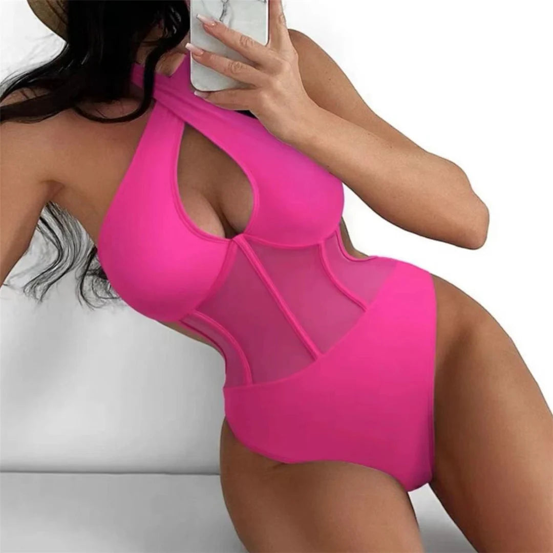 Stylish Underwired Cut Out Halter One Piece Swimsuit, Monokini with High-Cut Leg Design for Elongated Figure, Made of Comfortable Nylon and Spandex, Solid Pattern, True to Size Fit, With Pad for Extra Comfort, Available in Hot Pink, Black, and Green, Ideal for Women and Adult Age Group, In Stock with Free Shipping, Brand New Condition