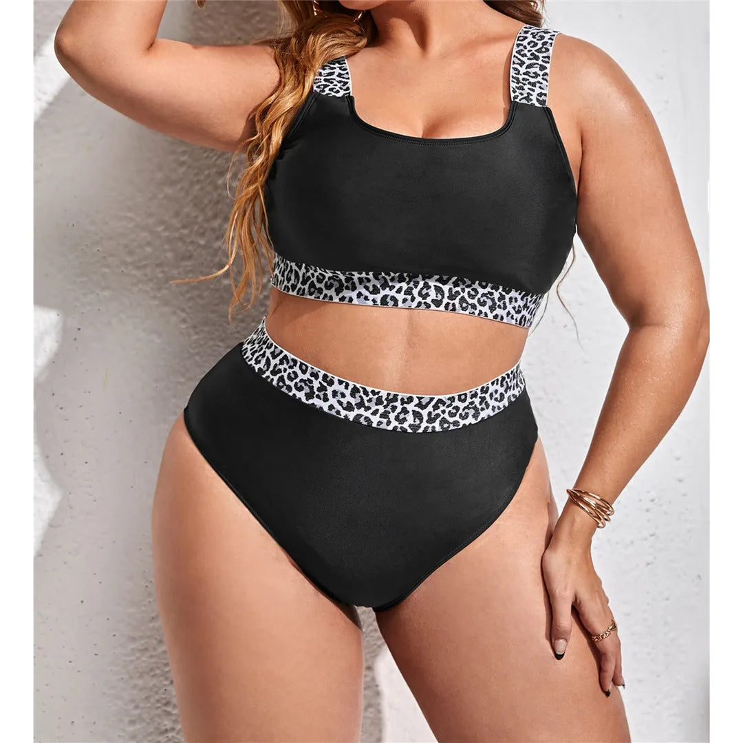 Stunning Plus Size Two-Piece Splicing Bikini Set, Thoughtfully Designed for Style and Comfort, Perfect for Women and Adult Age Group, Sizes 0XL to 4XL, Made of Durable Nylon and Spandex, Features Unique Patchwork Pattern, Available in Black, Green, Red, Ideal for Spring, Summer, Autumn, Winter Swimwear, Fits True to Size, Always in Stock with Free Shipping, Brand New Condition