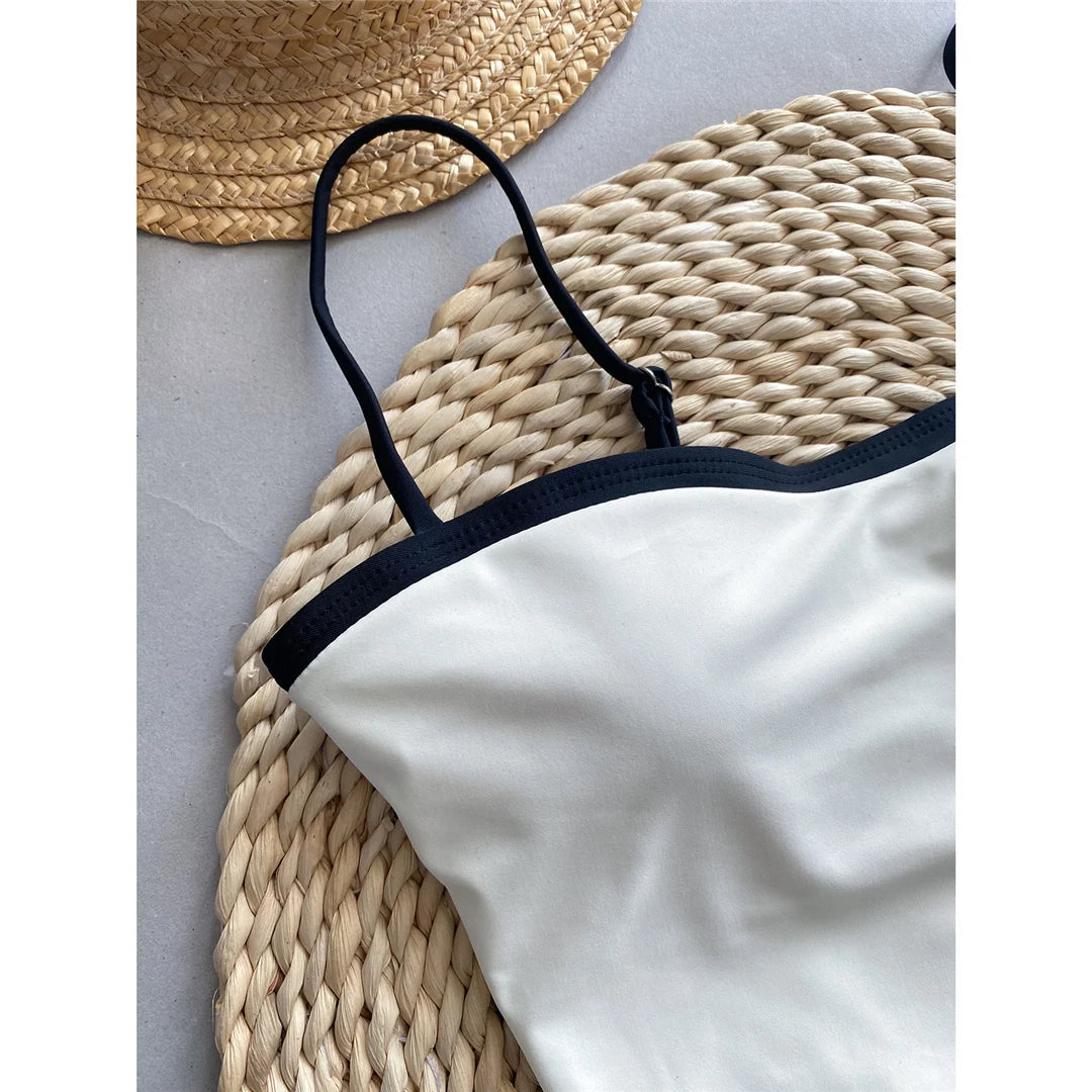 Splicing High Leg Cut One Piece Swimsuit in Beige and Black, Made of Nylon and Spandex, Designed for Women aged 18-35 and Adults, Fits True to Size, Available in Stock with Free Shipping