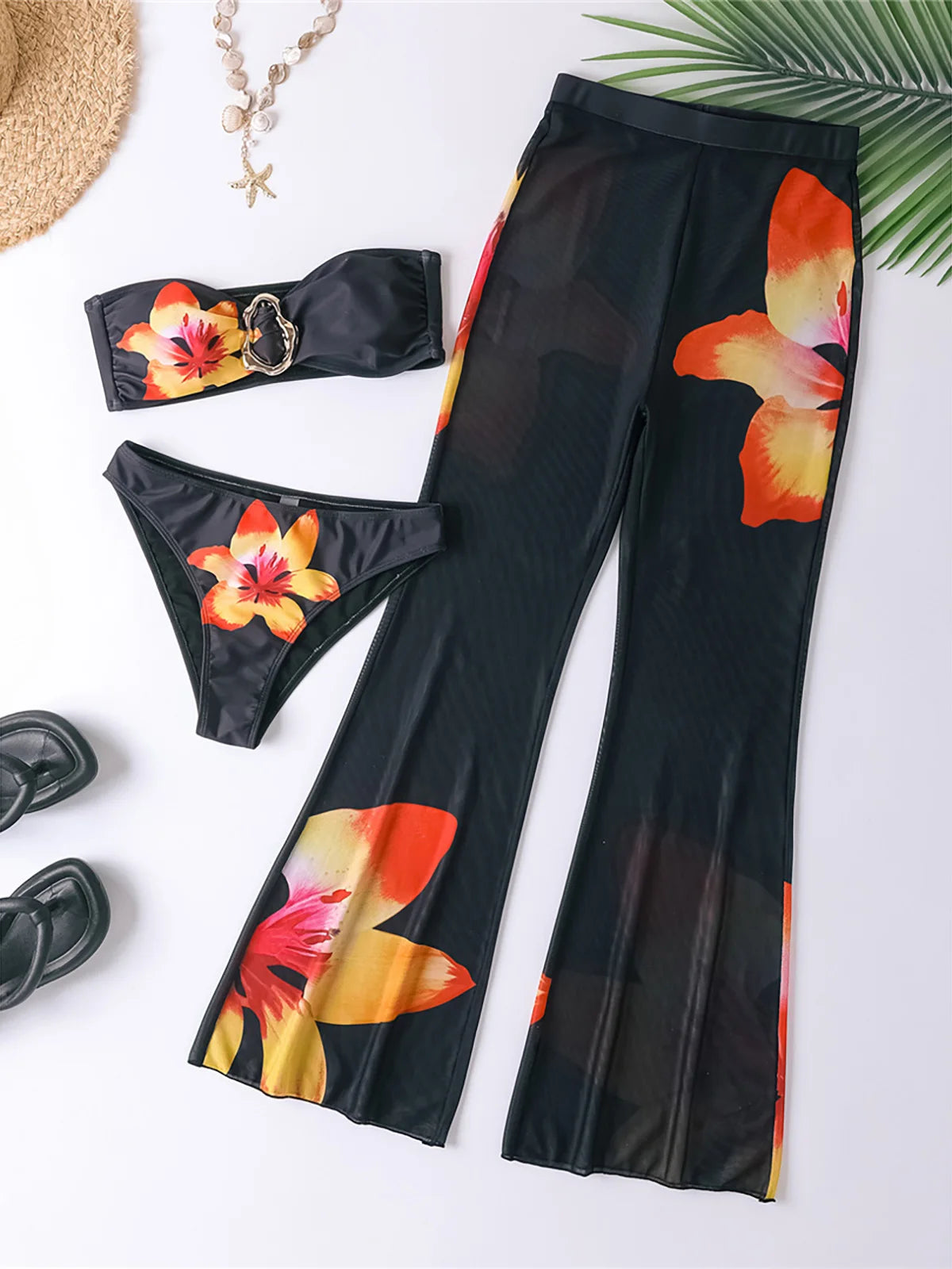 Floral Printed Bikini Set with Pants featuring vibrant prints, low waist bottoms, coordinating pants for versatility, perfect for stylish beach transitions.