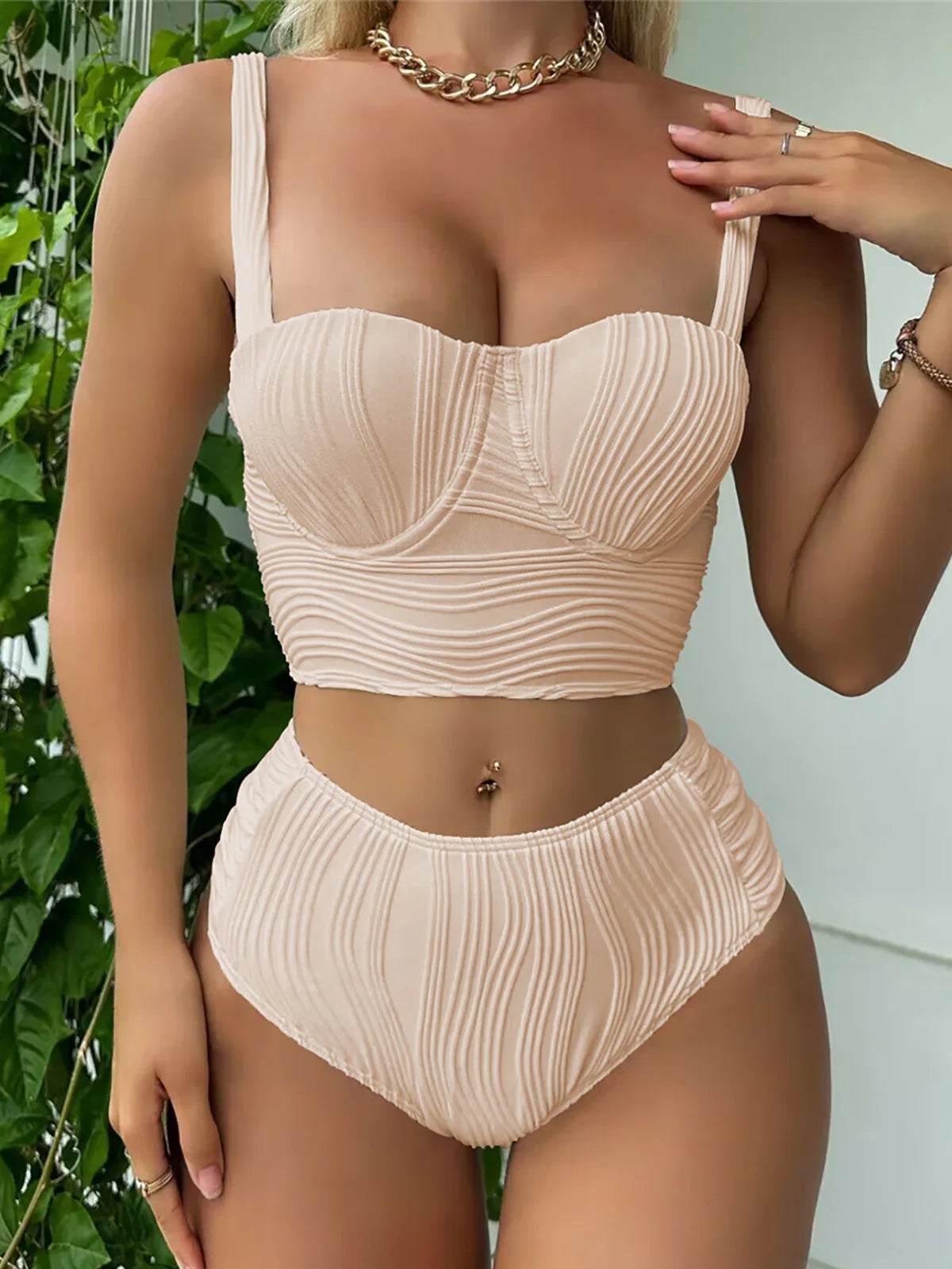 Wrinkled Underwired High Waist Bikini Set, Classic Two-Piece Swimwear, Made of Nylon and Spandex, Solid Pattern, Underwire Support, True to Size, Women's Bikini Set, Comes with Padding, Available in Sizes Small, Medium, Large, Colors Available: White, Beige, Black, Multicolor, Free Shipping.