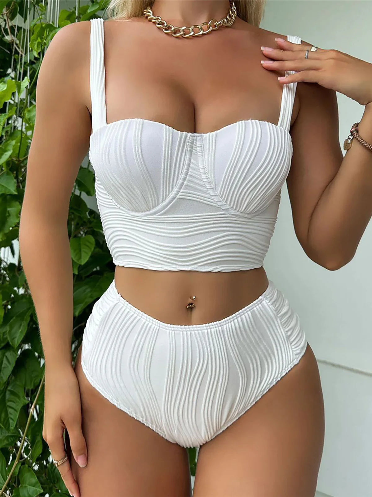 Wrinkled Underwired High Waist Bikini Set, Classic Two-Piece Swimwear, Made of Nylon and Spandex, Solid Pattern, Underwire Support, True to Size, Women's Bikini Set, Comes with Padding, Available in Sizes Small, Medium, Large, Colors Available: White, Beige, Black, Multicolor, Free Shipping.