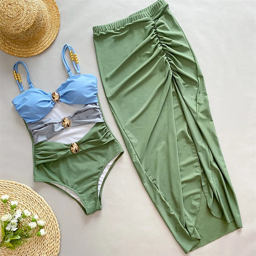 Splicing Cut Out One Piece Swimsuit with Knotted Skirt, Wrinkled Texture Monokini, Made of Nylon and Spandex, Patchwork Pattern, Wire-Free Support, True to Size, Women&#39;s Swimwear, Comes with Padding, Available in Sizes Small, Medium, Large, and Extra Large, Colors Available: Green, Black, Pink, Brown, Multicolor, Free Shipping.