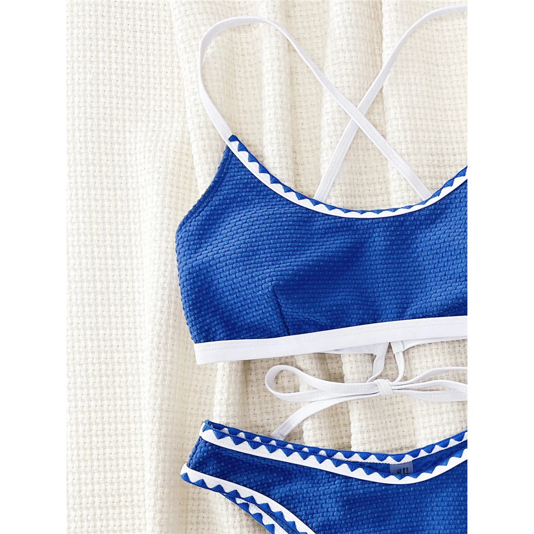 Cross Back Brazilian High Leg Cut Bikini Set in Blue, Made of Nylon and Spandex, Wire Free and Low Waist, Fits True to Size for Women aged 18-35 and Adults, Available in Stock with Free Shipping