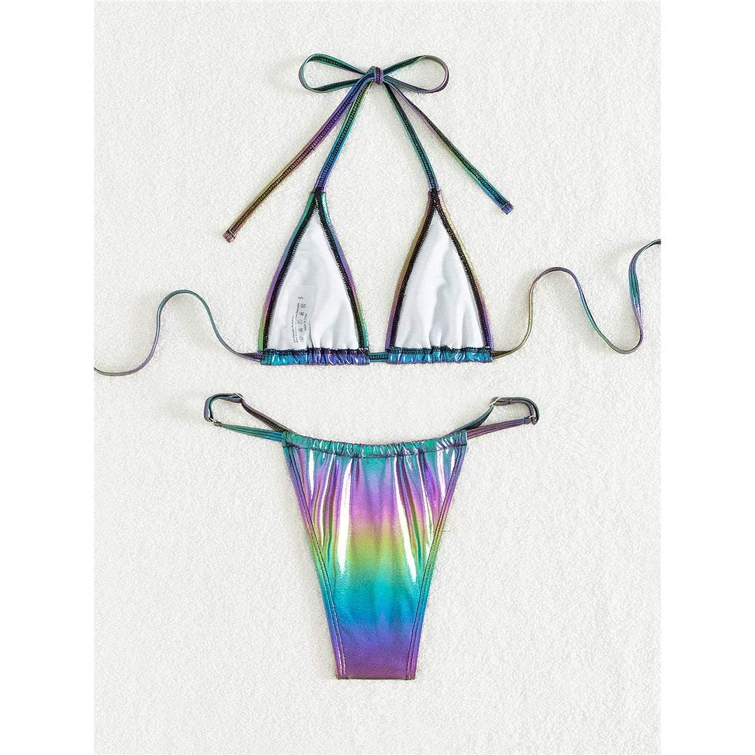 Unique Faux Leather Halter Bikini Set for Women, Features a Sleek and Edgy Design with a High Leg Cut, Crafted from Nylon and Spandex in Solid Green, Offers Wire Free Support and Fits True to Size, Perfect for Fashion-Forward Beachgoers looking for a Cutting-Edge look.