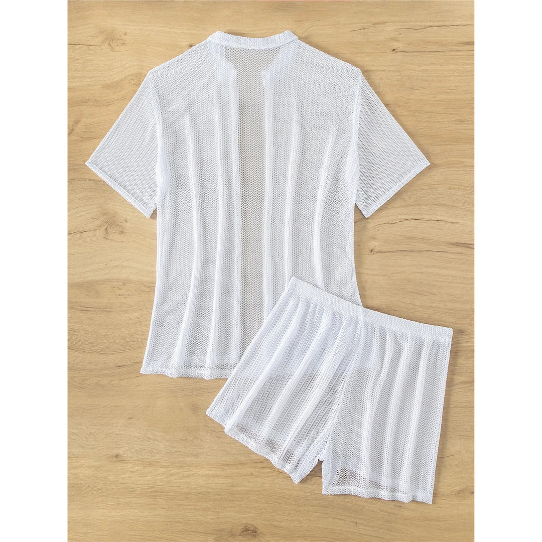 Charming Short-Sleeve Crochet Tunic for Women, Airy Knitted Beach Cover-Up, Fits True to Size, Sizes S to XL Available, Material: Nylon, Polyester, Cotton, Solid Pattern, Ideal for Seaside Strolls and Casual Resort Wear, Available in Black, Beige, and White