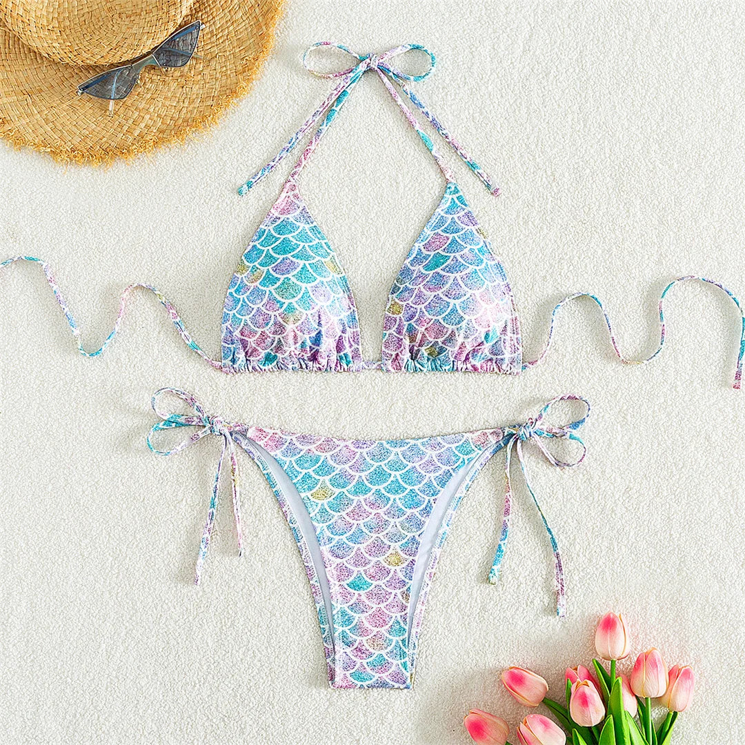 Vibrantly Printed Halter Bikini Set for Women, Features a Flattering High Leg Cut, Crafted from Nylon and Spandex, Offers Wire Free Support and Fits True to Size, Perfect Two-Piece Swimsuit for a Day at the Beach or a Relaxing Swim in the Pool.