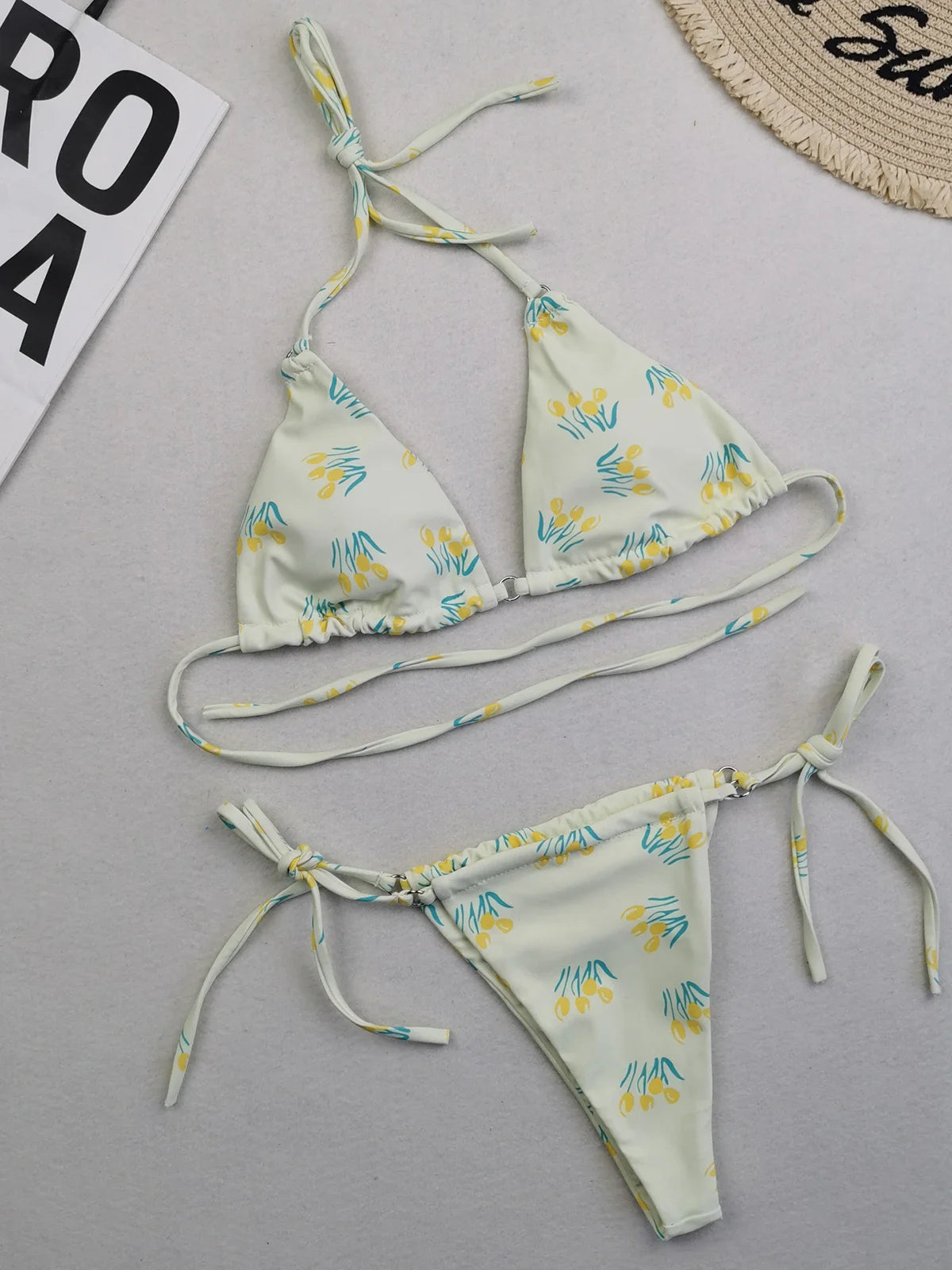 Two-Piece Polka Dot and Floral Bikini Set with a Halter Neck Design, Available in Sizes S through XL, Fashioned from Nylon and Spandex, Suitable for Women, Wire Free with Low Waist Design, Comes with Pad, Fits True to Size. Comes in Multiple Colors such as Yellow, Multicolor, Wheat, Pink, Watermelon Red, Red, Black, Blue, Coffee, Green, Orange, Purple, and in Different Patterns like Flowers, Dots, Plaid, Diamond, and Printed Design.