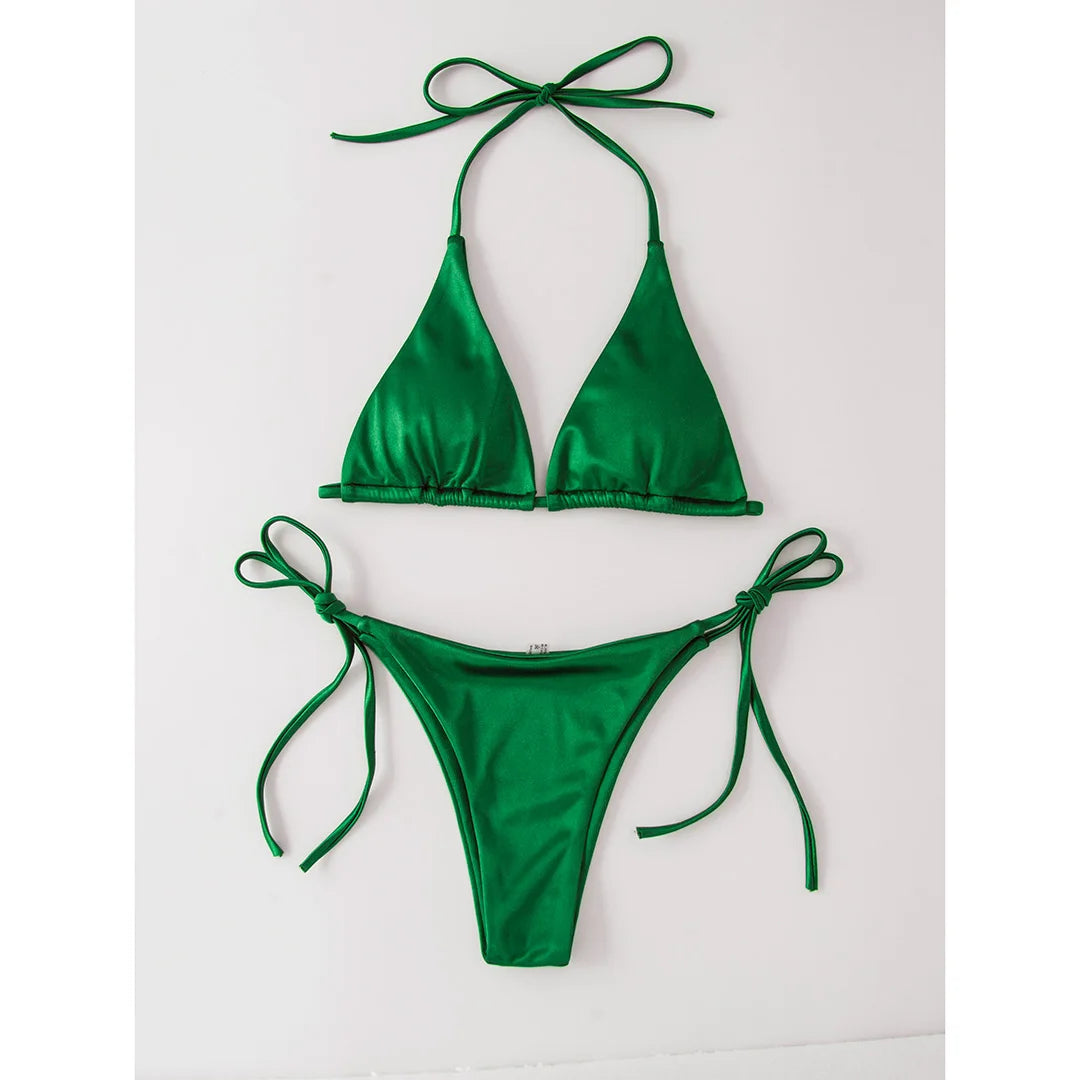 Luxurious Two-Piece Satin Halter Brazilian Padded Bikini Set for Women - Nylon and Spandex Swimwear with Wire Free Support, True to Size Fit, Low Waist - Available in Multiple Colors