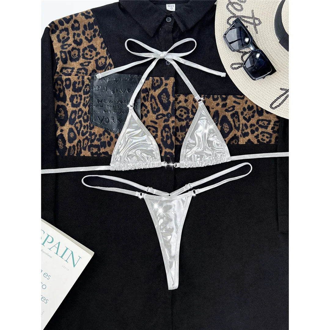 Sleek PU faux leather mini bikini set in silver. A daring two-piece swimwear with a unique texture and sheen, featuring wire-free support and low waist design. True to size, perfect for fashion-forward women.