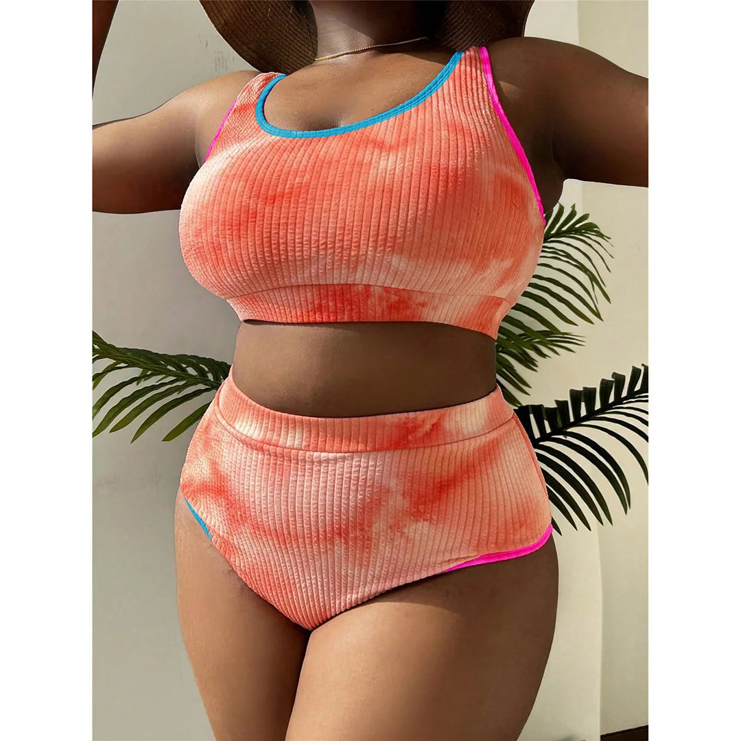 Tie Dye Bikini, Two Piece, Large Size, Women&#39;s Swimwear, Vibrant Colors, Polyester, Spandex, Wire Free, High Waist, Comfortable Fit, Fashionable Swim Set, Beach Attire, Green, Orange, Pink, Sky Blue, Black, Yellow.