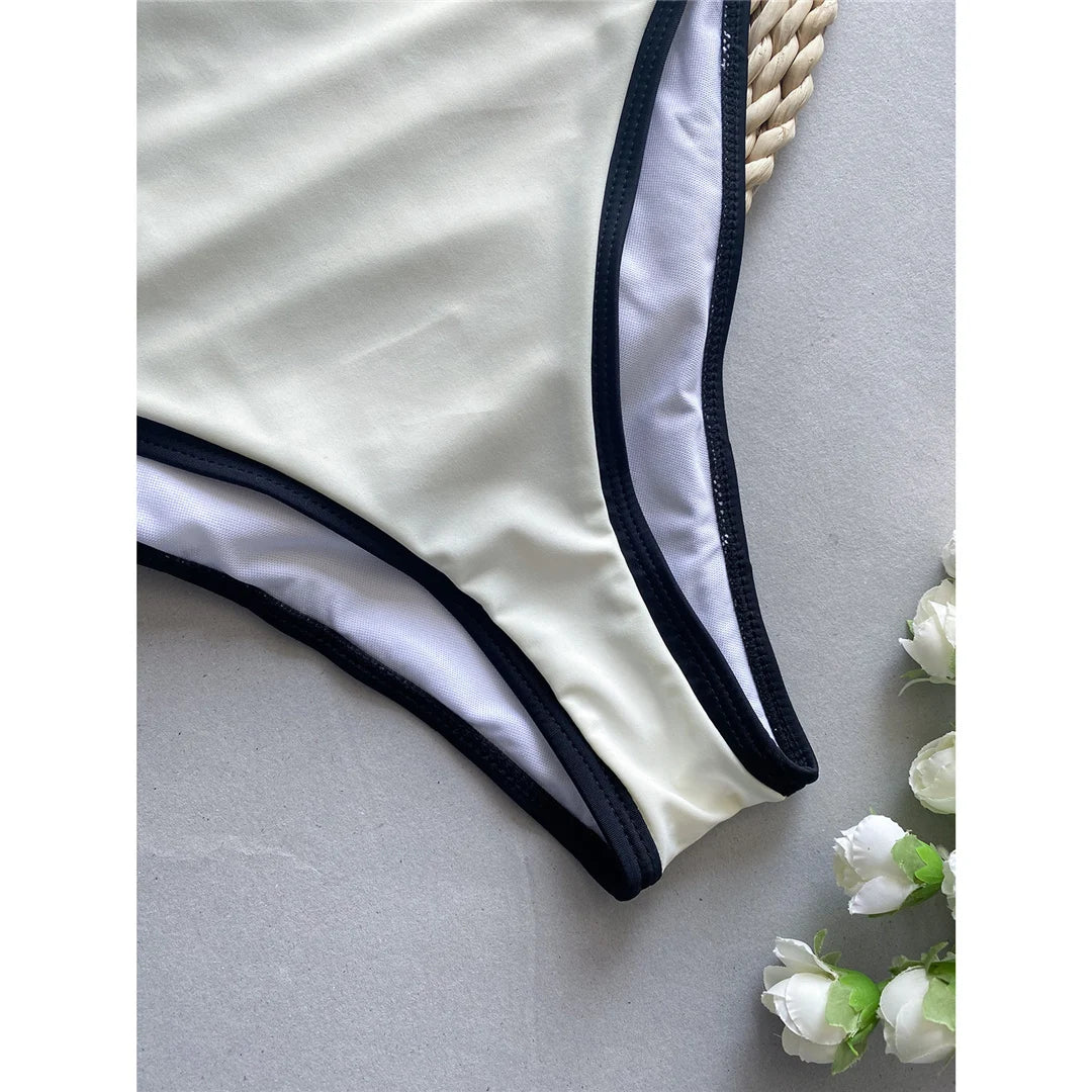 Splicing High Leg Cut One Piece Swimsuit in Beige and Black, Made of Nylon and Spandex, Designed for Women aged 18-35 and Adults, Fits True to Size, Available in Stock with Free Shipping