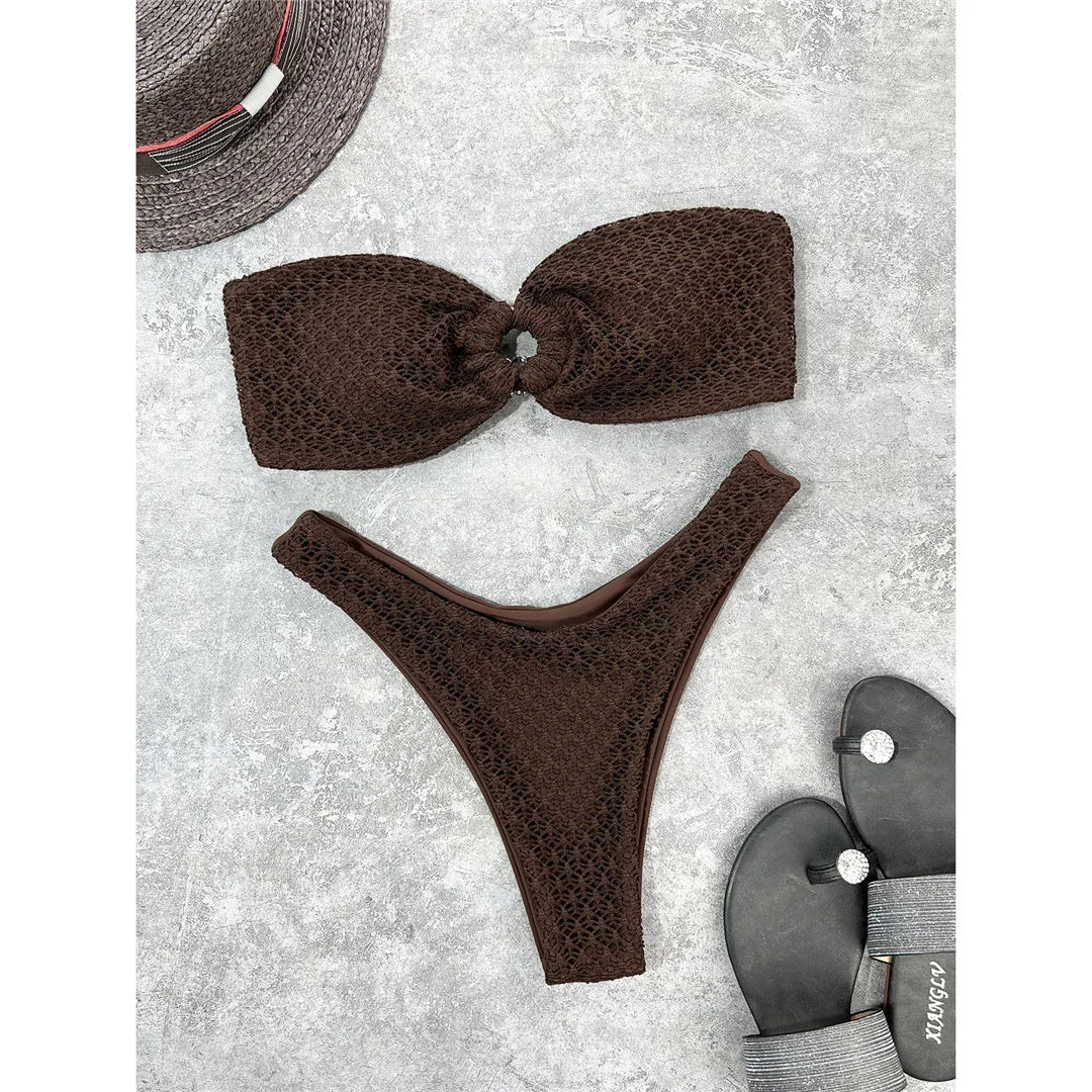 Sleek Wrinkled Bandeau High Cut Bikini Set in Solid Colors, Stylish Two Piece, Comfortable Nylon and Spandex Material, Wire Free Support for Women, True to Size Fit, Available in Sizes S, M, L, Versatile and Chic, Ideal Beachwear for Adults aged 18-35, Available in White, Red, Purple, Hot Pink, Royal Blue, Coffee, Neon Green, Black, and Light Blue