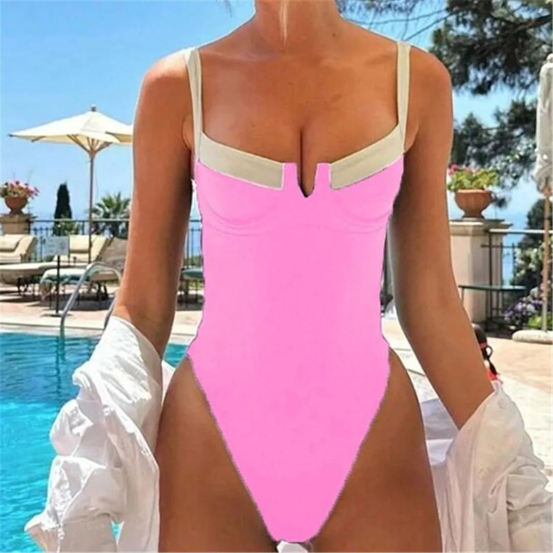 Splicing design high-leg cut one-piece swimsuit with underwired and padded support in vibrant colors for women.