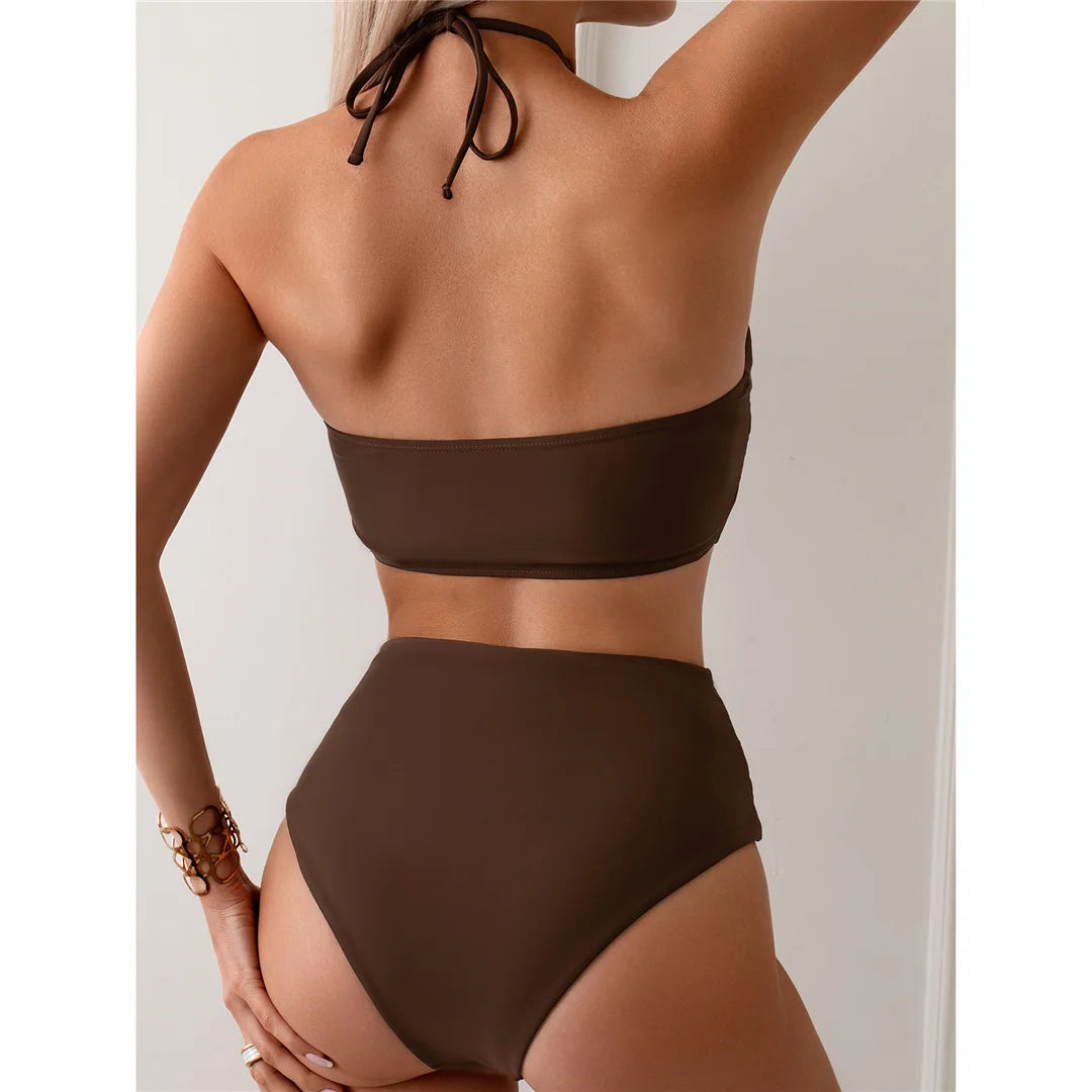 Halter Wrinkled High Neck Bikini Set in Coffee, Made of Nylon and Spandex, Wire Free and High Waist, Fits True to Size for Women aged 18-35 and Adults, Available in Stock with Free Shipping