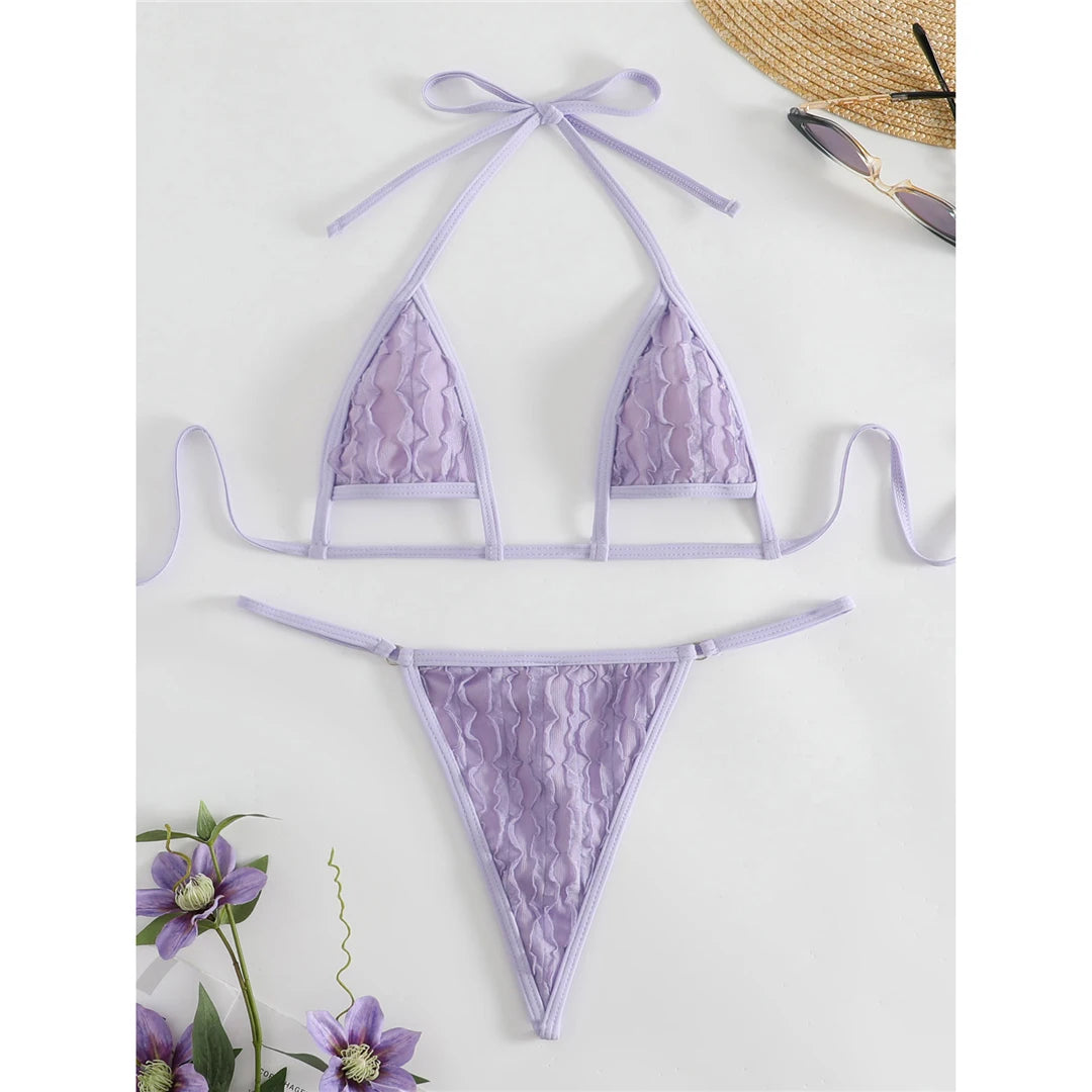 Bold Wrinkled Extreme Mini Thong Bikini Set, Provocative Two Piece Swimsuit for Women, Crafted with Nylon and Spandex, Ultra-Low-Rise Design for Maximum Impact, Fits True to Size, A Statement of Confidence for Sun-Seekers, Available in Small, Medium, Large Sizes, New and In Stock in Purple with Free Shipping