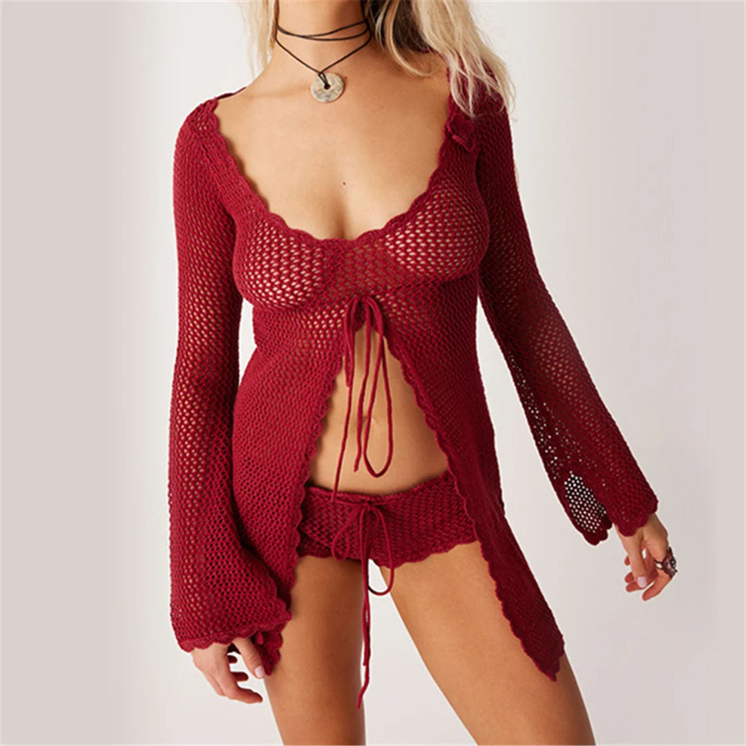 Bohemian Long Sleeve Crochet Tunic for Women, Features Hollow-Out, See-Through Knit Design, Ideal Beach Cover-Up, Breathable and Relax Fit, Fits True to Size, Available in Sizes S to XL, Material: Nylon, Polyester, Cotton, Solid Pattern, Available in White, Black, Ruby Red, and Multicolor Options