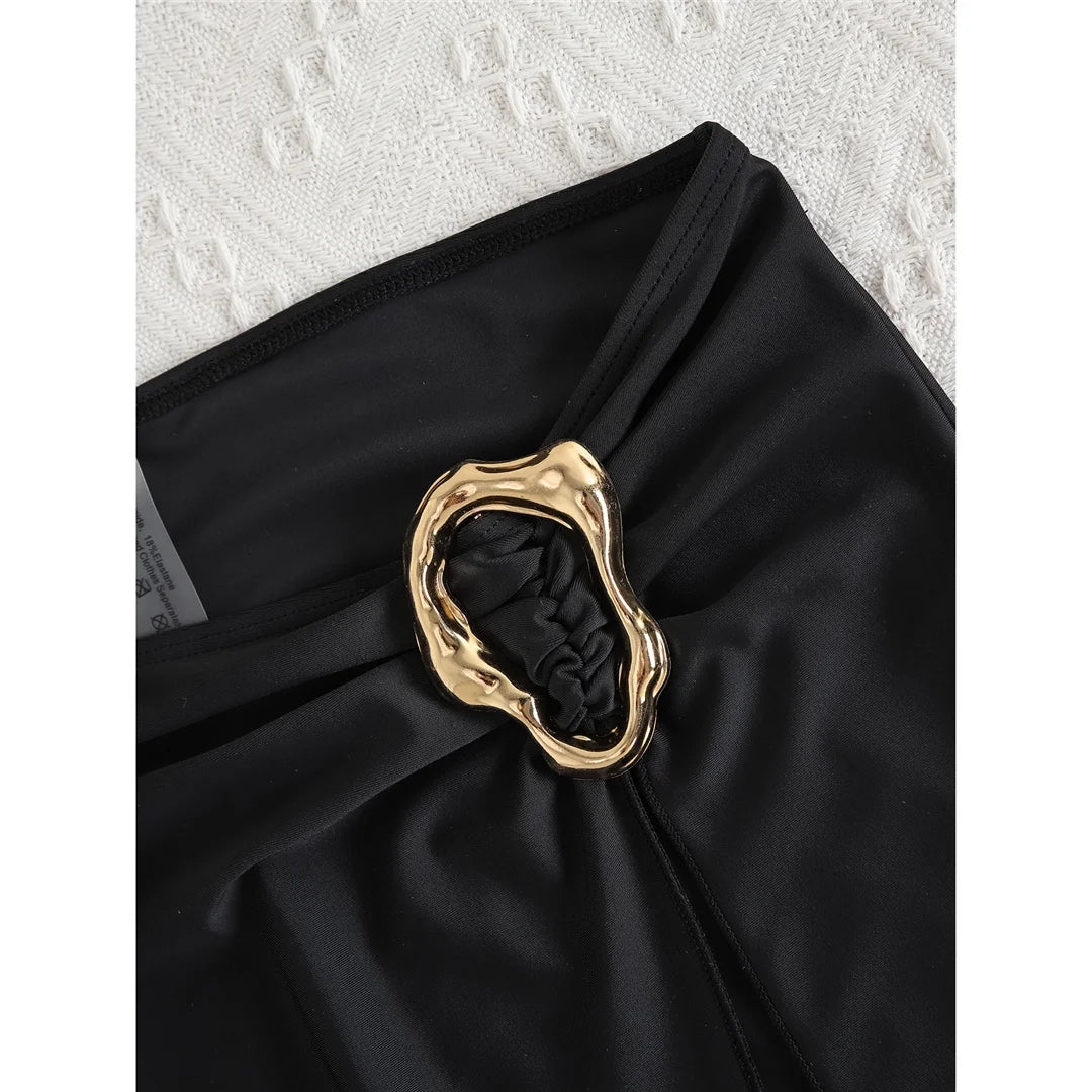 Deep Halter Swimsuit with Skirt, featuring adjustable halter neckline, monochrome solid design, polyester and spandex blend for an elegant beach look.