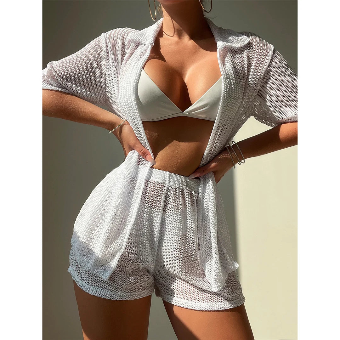 Charming Short-Sleeve Crochet Tunic for Women, Airy Knitted Beach Cover-Up, Fits True to Size, Sizes S to XL Available, Material: Nylon, Polyester, Cotton, Solid Pattern, Ideal for Seaside Strolls and Casual Resort Wear, Available in Black, Beige, and White