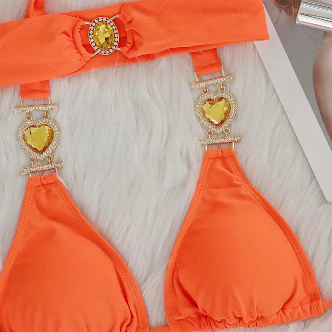 Diamond Rhinestone Bikini Set for Women in Green, Orange Red, Orange, Red, Multicolor, and Pink, Composed of Nylon and Spandex, Low-Waist Two-Piece Suit, Wire-Free, True to Size Fitting, With Pad, Suitable for Swim Sport, Available in Sizes S, M, L, New Condition, Available for Free Shipping, In stock, Intended for Age Group 18-35, Adult.