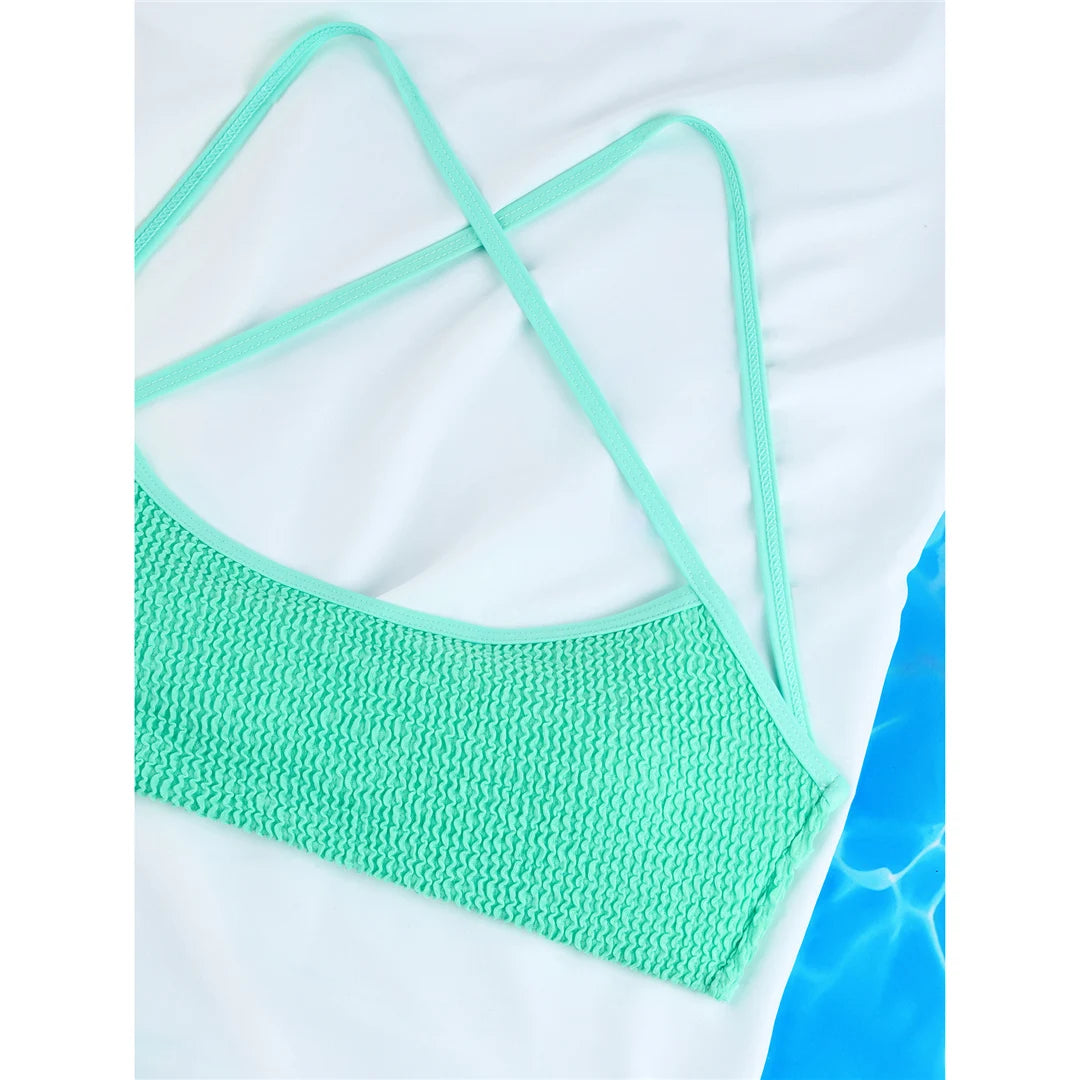 Bikini set with stylish crinkled texture, high cut, cross back, nylon, spandex, solid, wire free, low waist, women, two piece in black, blue, green, white, dark pink, multicolor.