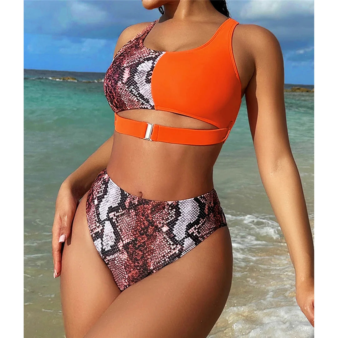 Wild Allure Splicing Snake Skin High-Waist Bikini Set for Women, Crafted from Nylon and Spandex with a Print and Patchwork Pattern in Orange. Features High Waist Design, Wire Free Support, and Padded Top. Fits True to Size. Perfect for Middle Aged Women. New and in Stock.