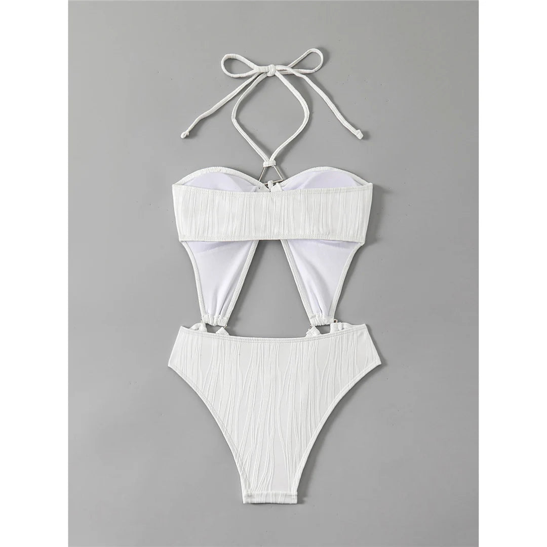 Tummy cut-out halter swimsuit in white, offering a sophisticated and modern fit in one piece design.