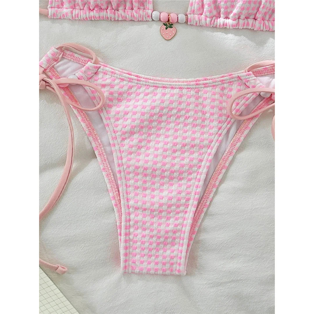 Plaid halter high-cut leg bikini set with a timeless plaid pattern and padded design for women.