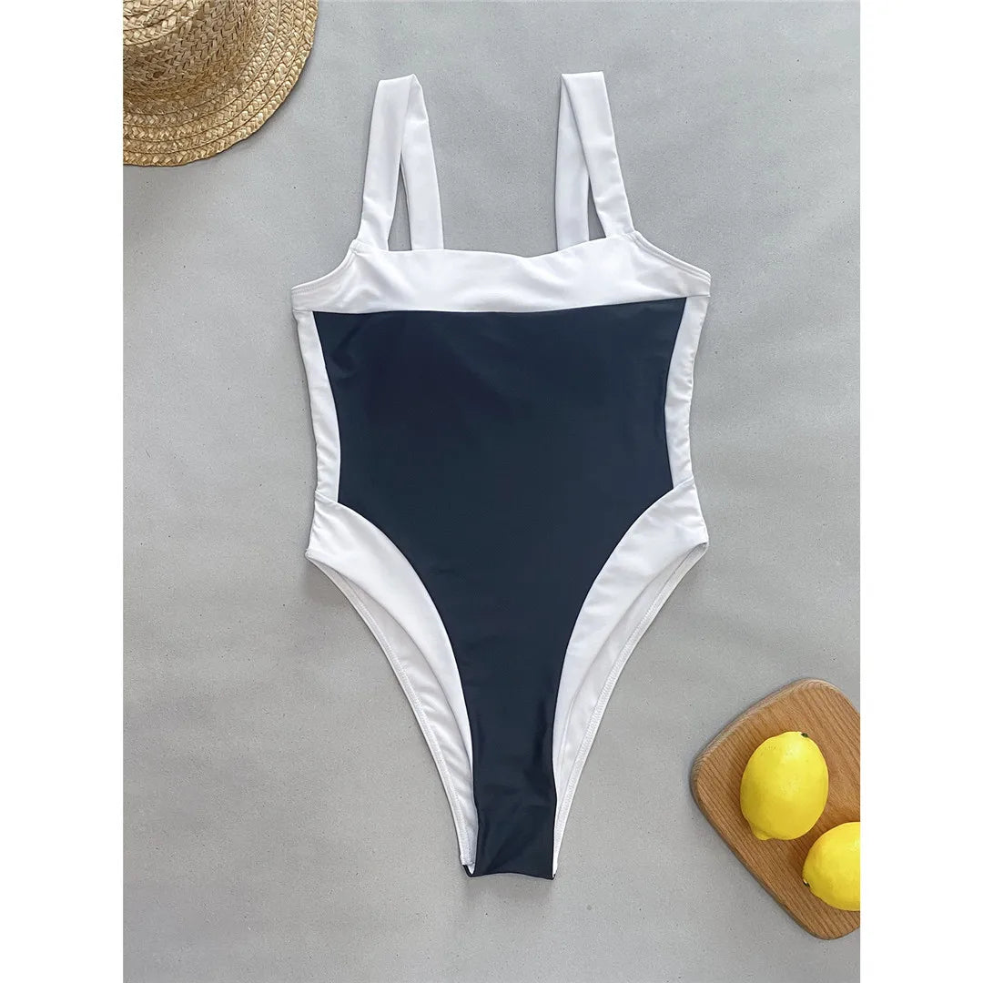 Elegant High-Leg Cut One-Piece Swimsuit with Sophisticated Splicing Pattern, Crafted from Nylon and Spandex, Perfect Fit for Women. Comes in Black with Free Support and Padding. Ideal for Adults Aged 18-35. Ready for Shipping, New and in Stock.