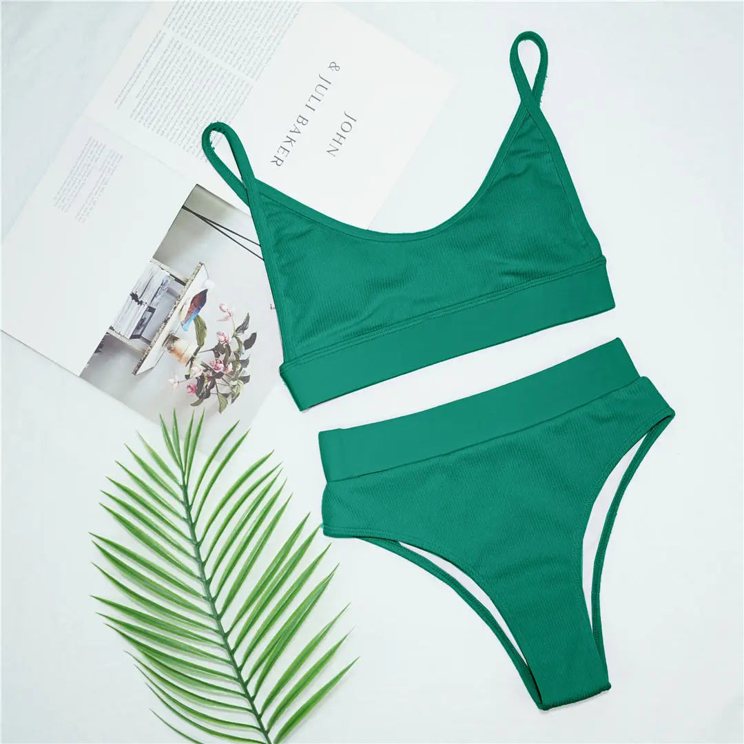 Elegant High-Waist Bikini Set in Sizes S - XL, Ribbed Texture for Sophistication, Flattering Silhouette, Essential Two-Piece Swimwear, Material Polyester, Solid Pattern, Wire Free, High Waist, Fits True to Size, Available in Red, Royal Blue, Green, Black