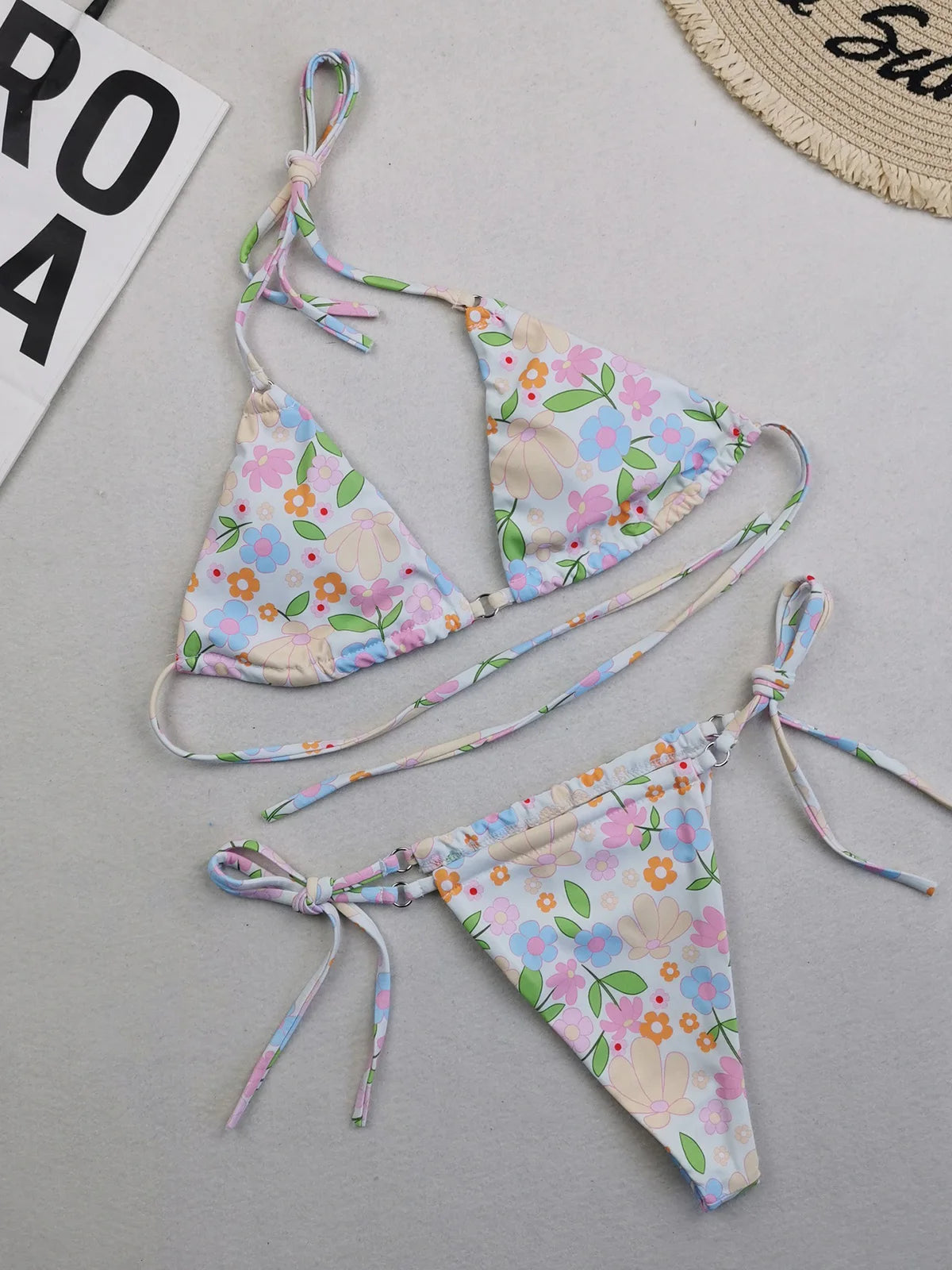 Two-Piece Polka Dot and Floral Bikini Set with a Halter Neck Design, Available in Sizes S through XL, Fashioned from Nylon and Spandex, Suitable for Women, Wire Free with Low Waist Design, Comes with Pad, Fits True to Size. Comes in Multiple Colors such as Yellow, Multicolor, Wheat, Pink, Watermelon Red, Red, Black, Blue, Coffee, Green, Orange, Purple, and in Different Patterns like Flowers, Dots, Plaid, Diamond, and Printed Design.